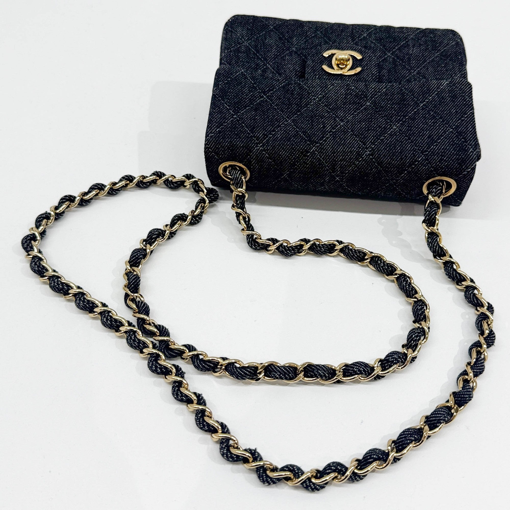 Mini Classic Flap Square Black Denim Shoulder Bag