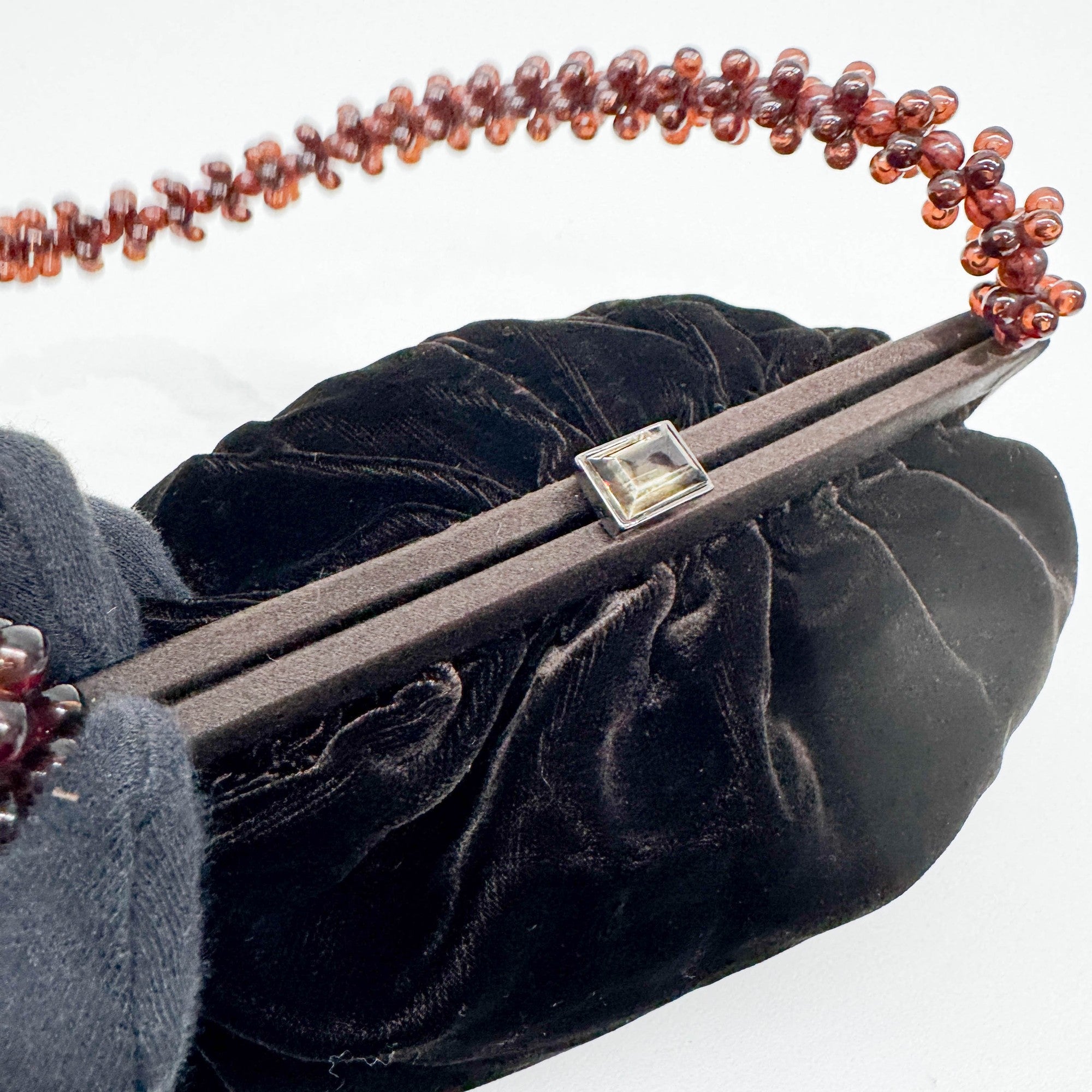 Beaded Handle Brown Velvet Shoulder Bag