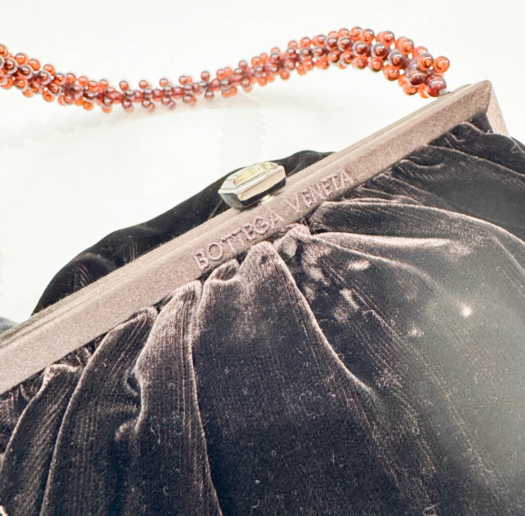 Beaded Handle Brown Velvet Shoulder Bag