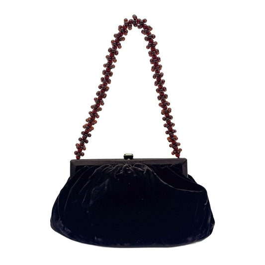 Beaded Handle Brown Velvet Shoulder Bag
