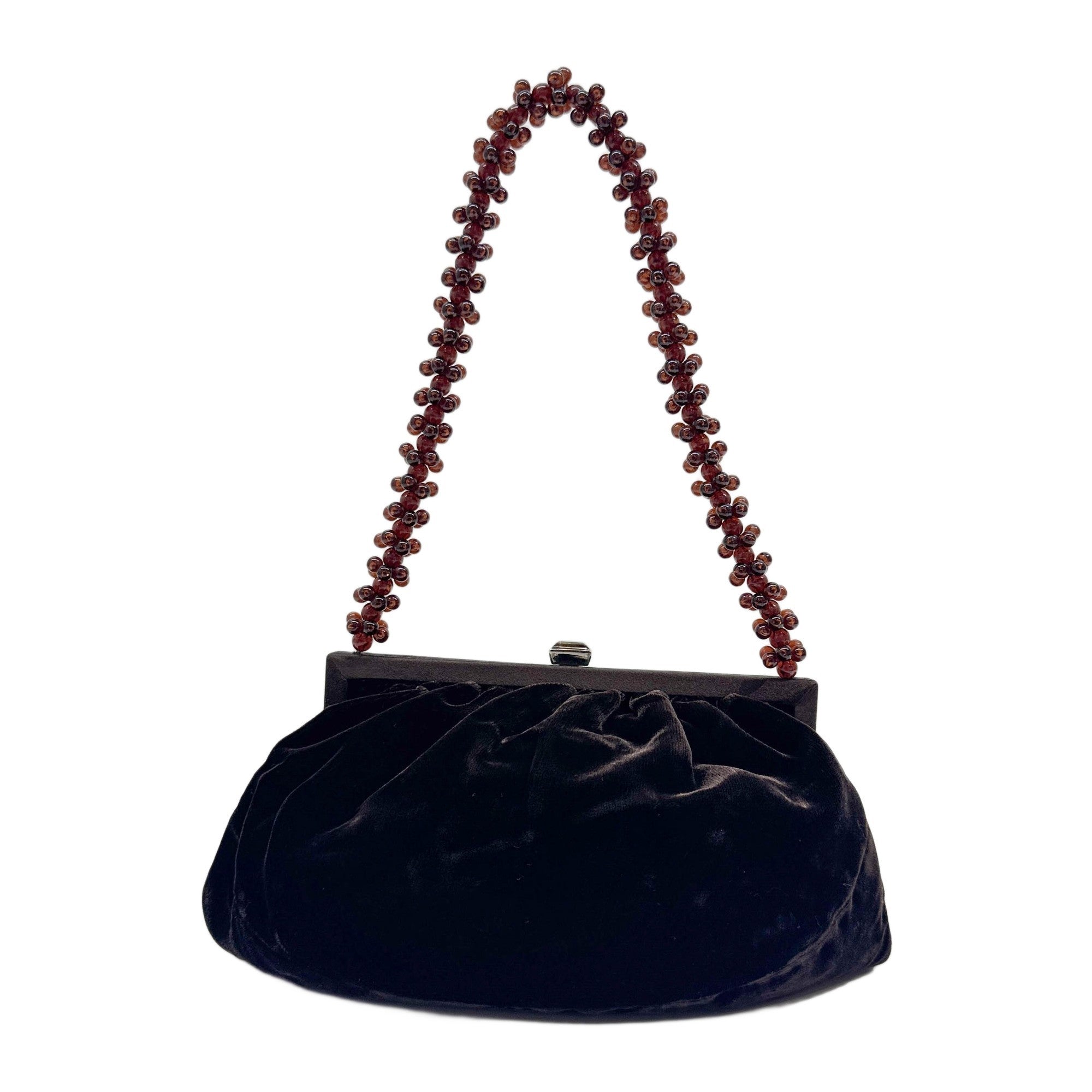 Beaded Handle Brown Velvet Shoulder Bag