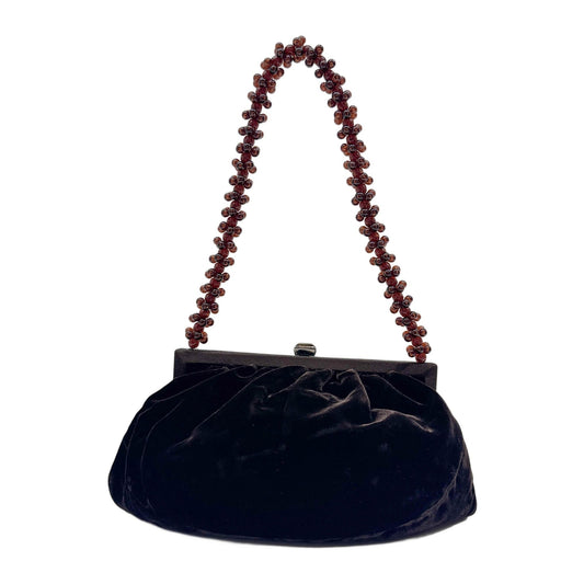 Beaded Handle Brown Velvet Shoulder Bag