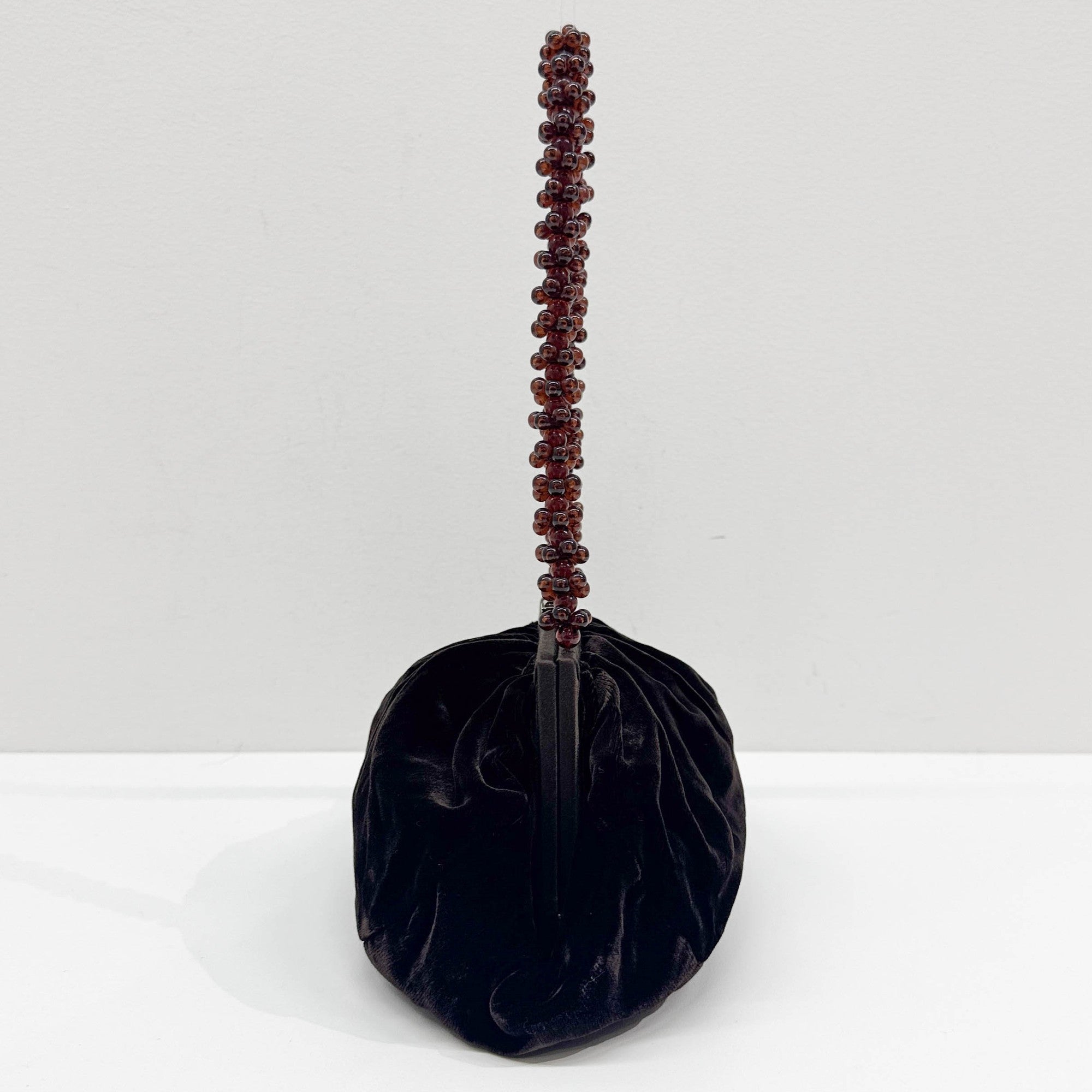 Beaded Handle Brown Velvet Shoulder Bag