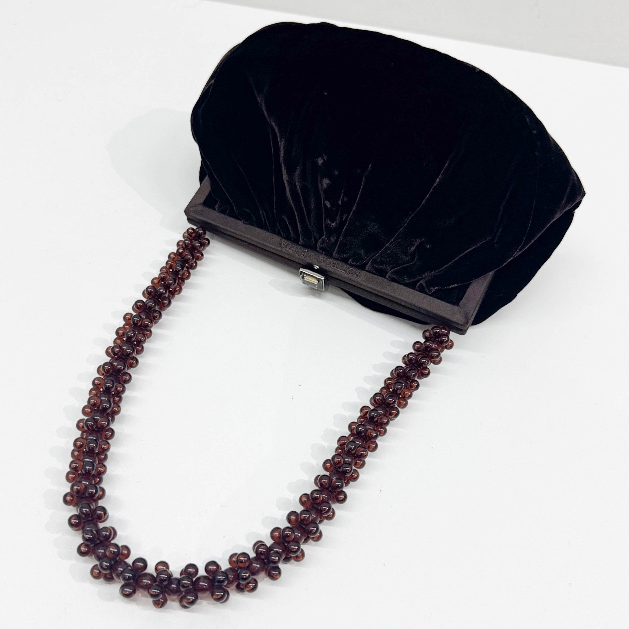Beaded Handle Brown Velvet Shoulder Bag