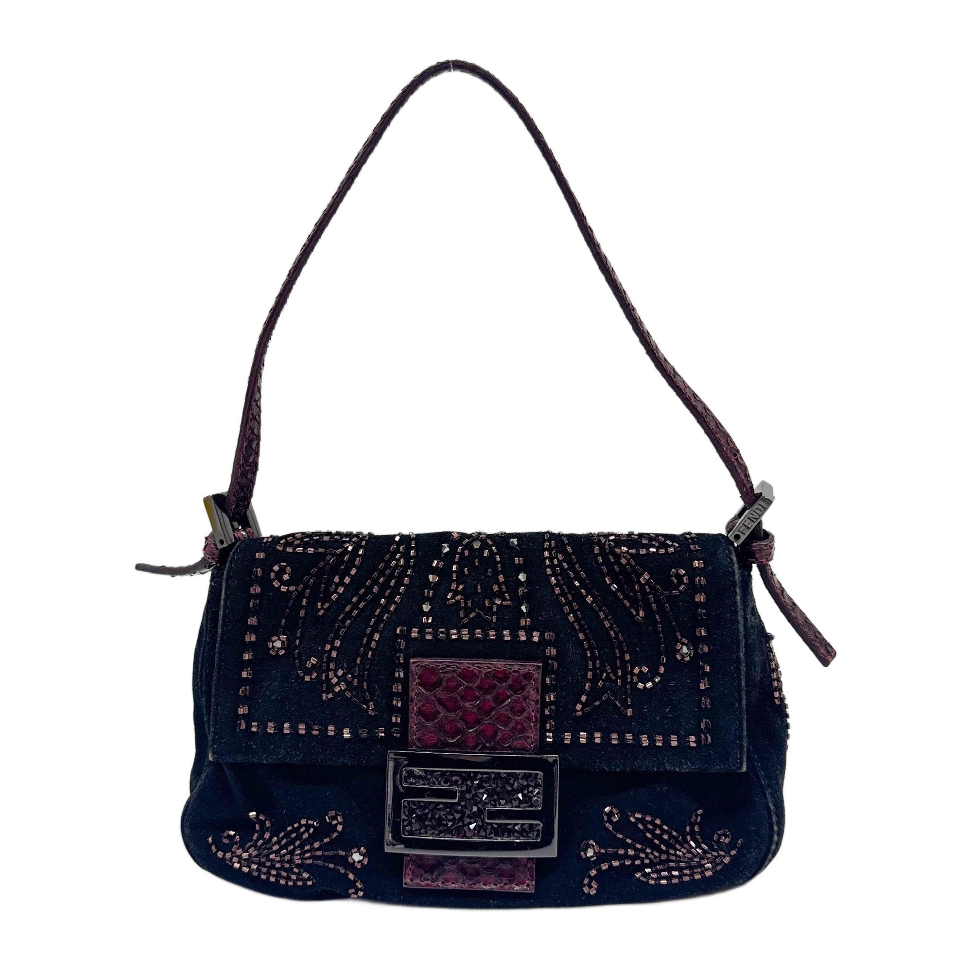 Mini Mamma Baguette Embroidered Black Cashmere Shoulder Bag