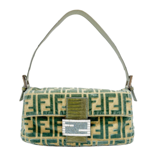 Baguette Teal Zucca Velvet & Canvas Shoulder Bag