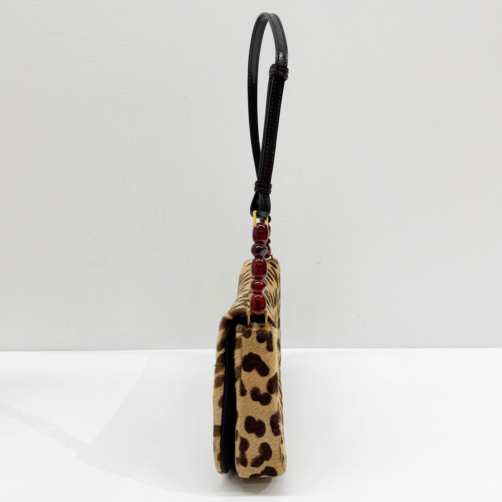 Malice Pearl Tan Leopard Print Pony Hair Shoulder Bag