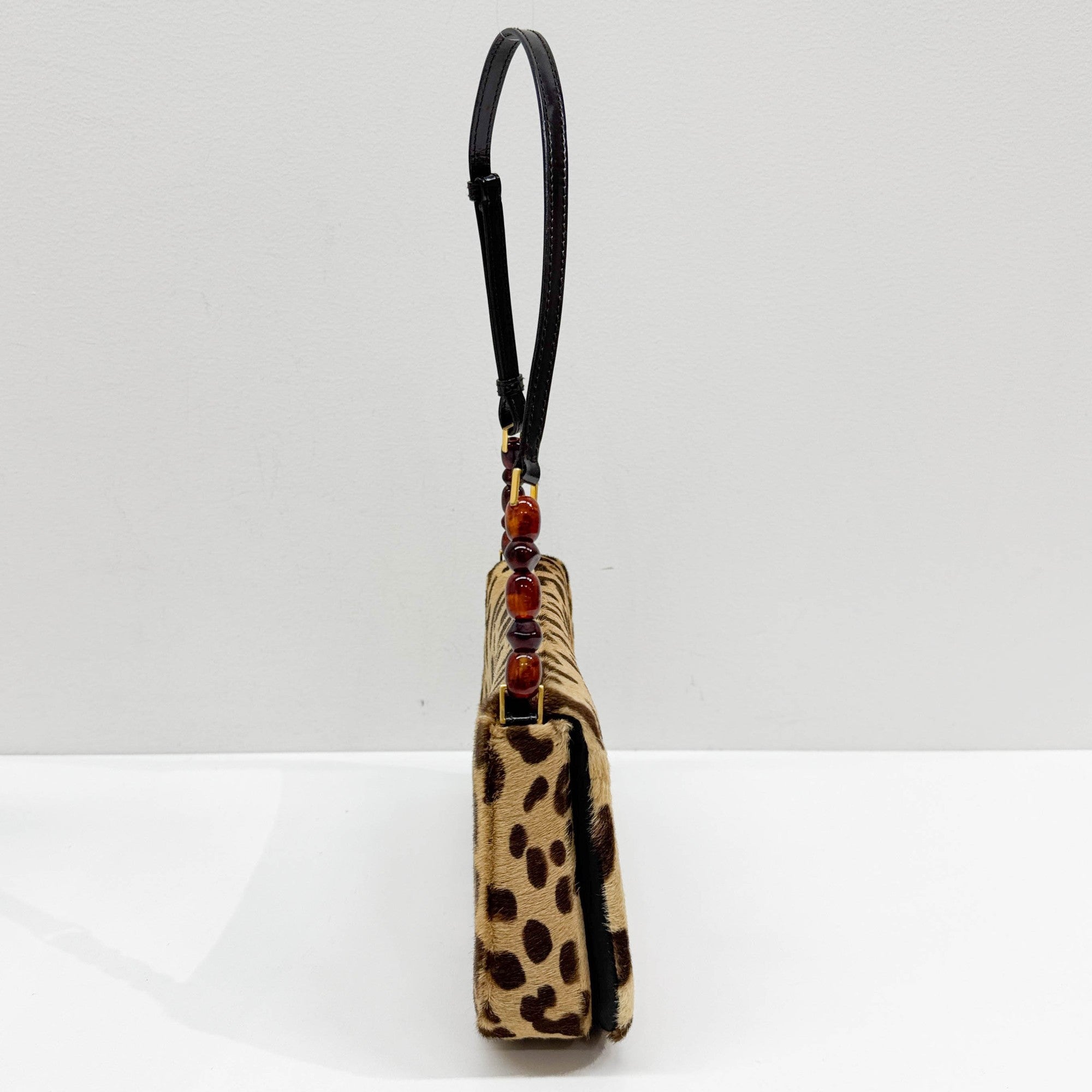 Malice Pearl Tan Leopard Print Pony Hair Shoulder Bag
