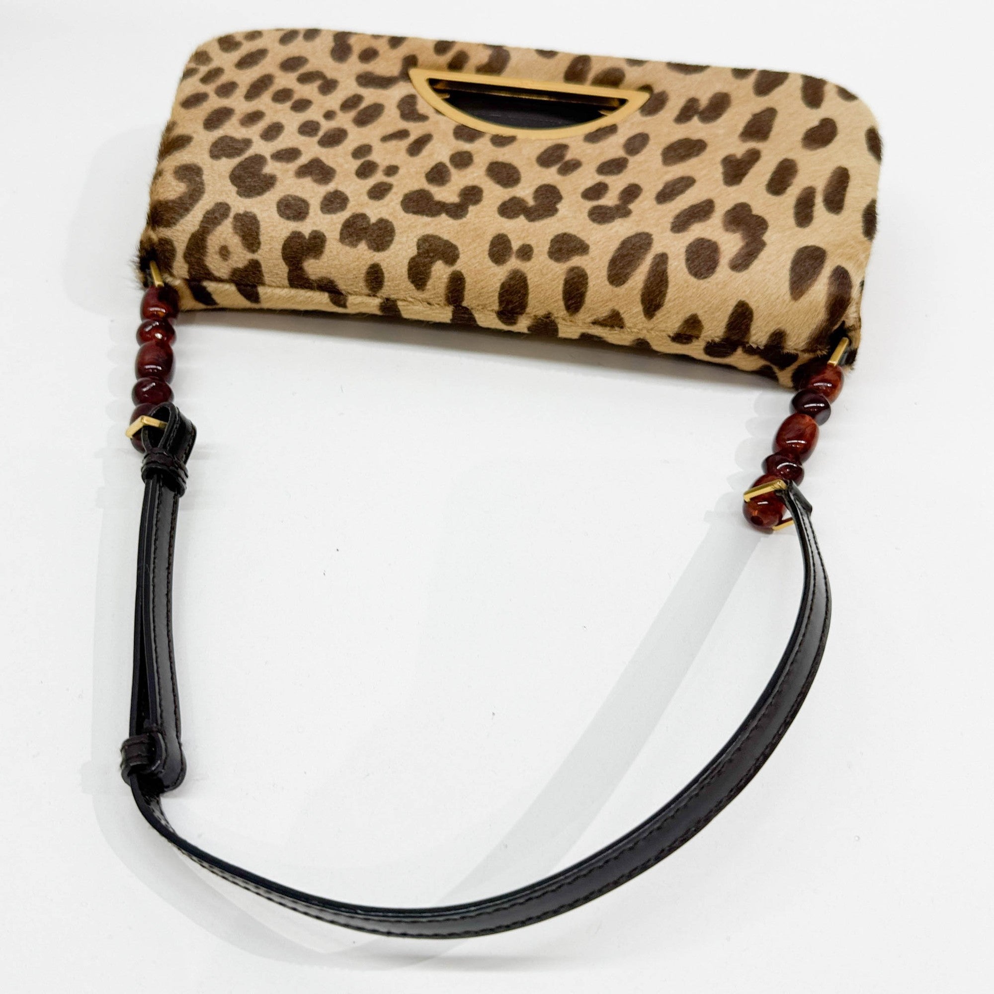 Malice Pearl Tan Leopard Print Pony Hair Shoulder Bag