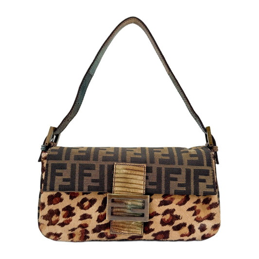 Baguette Brown Zucca Canvas & Leopard Print Pony Hair Shoulder Bag