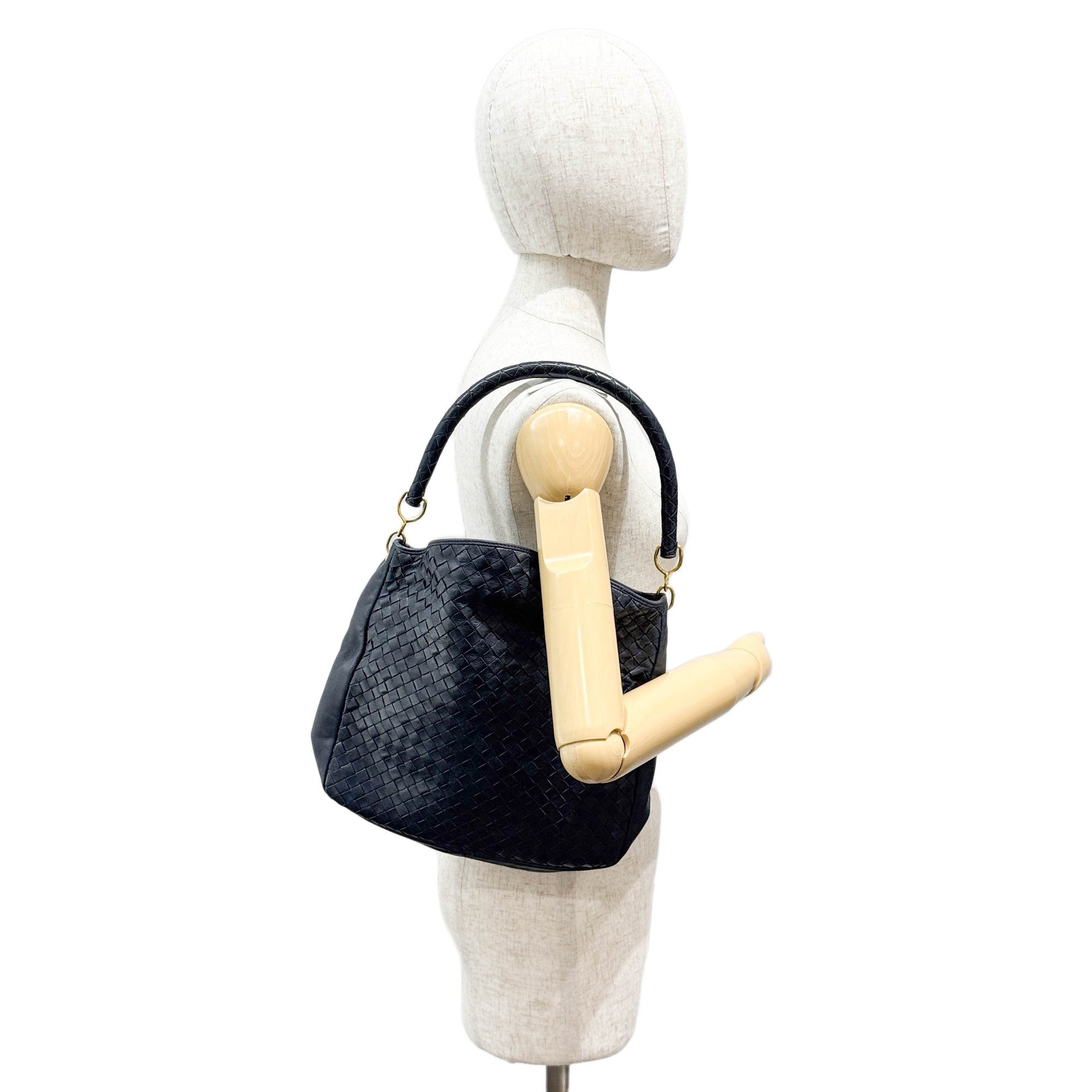 Intrecciato Dark Navy Leather Shoulder Bag