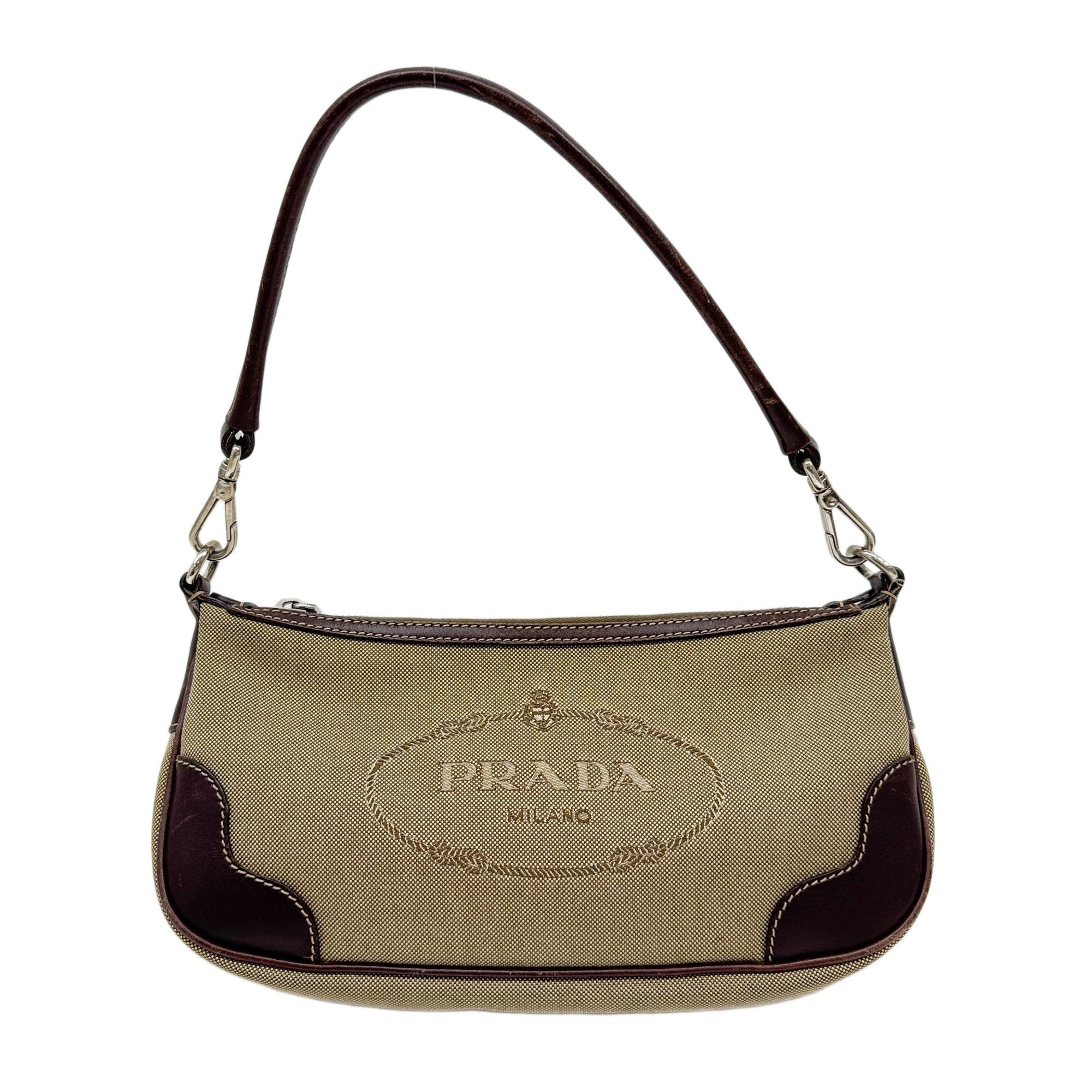 Beige Jacquard Canvas Shoulder Bag