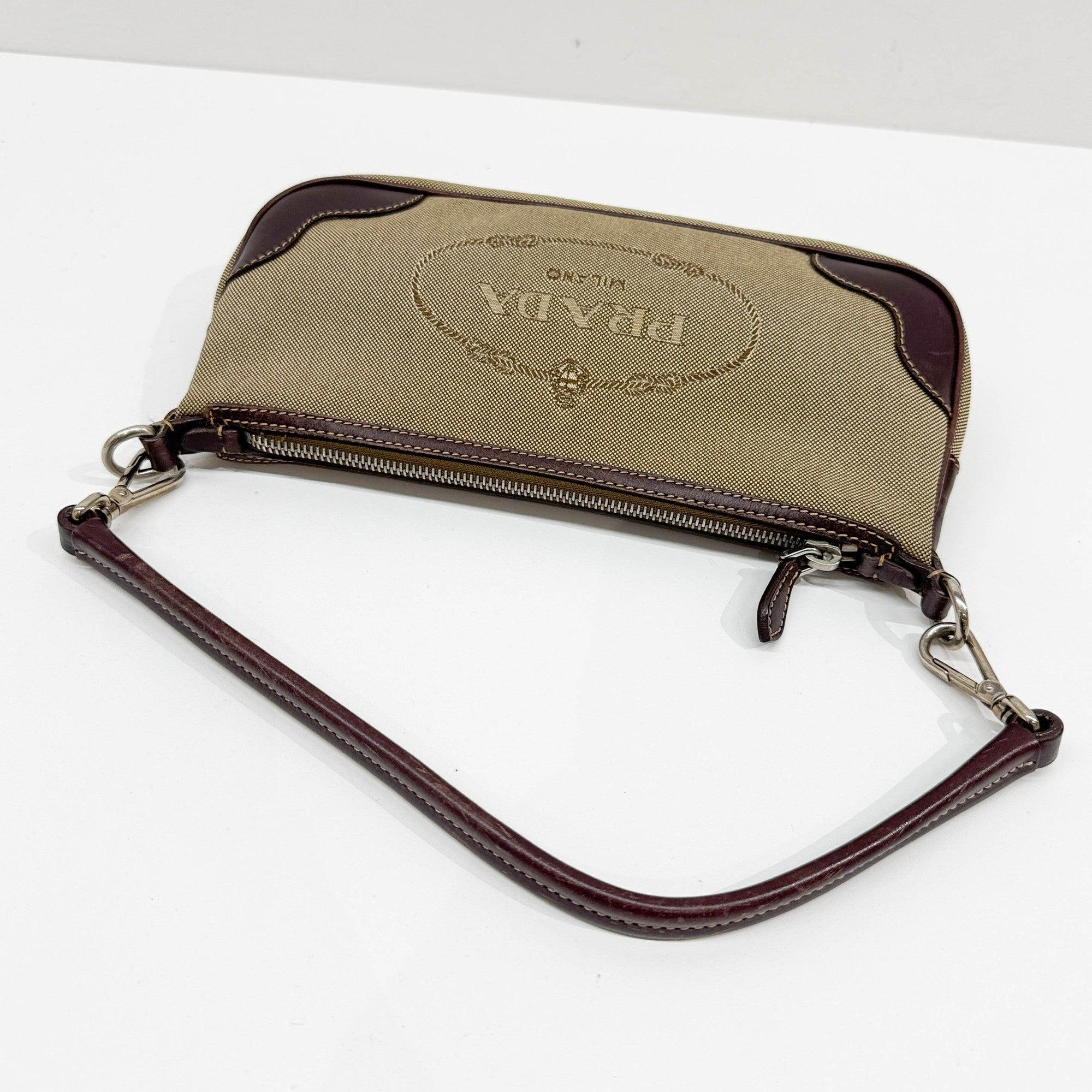 Beige Jacquard Canvas Shoulder Bag