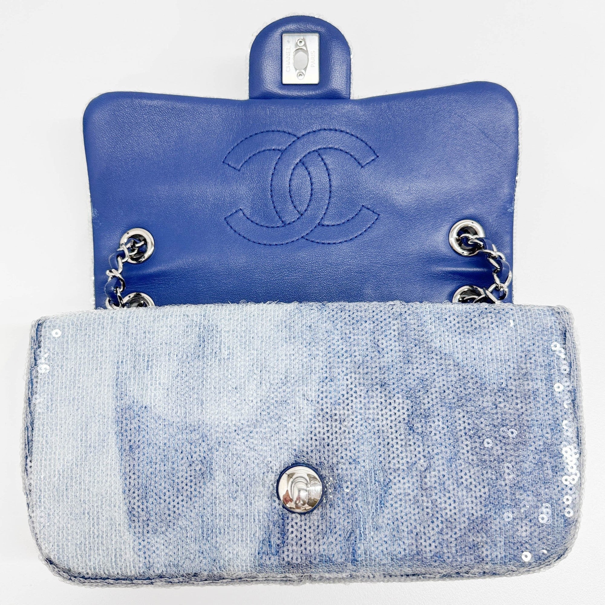 Classic Flap Waterfall Blue Sequin Shoulder Bag