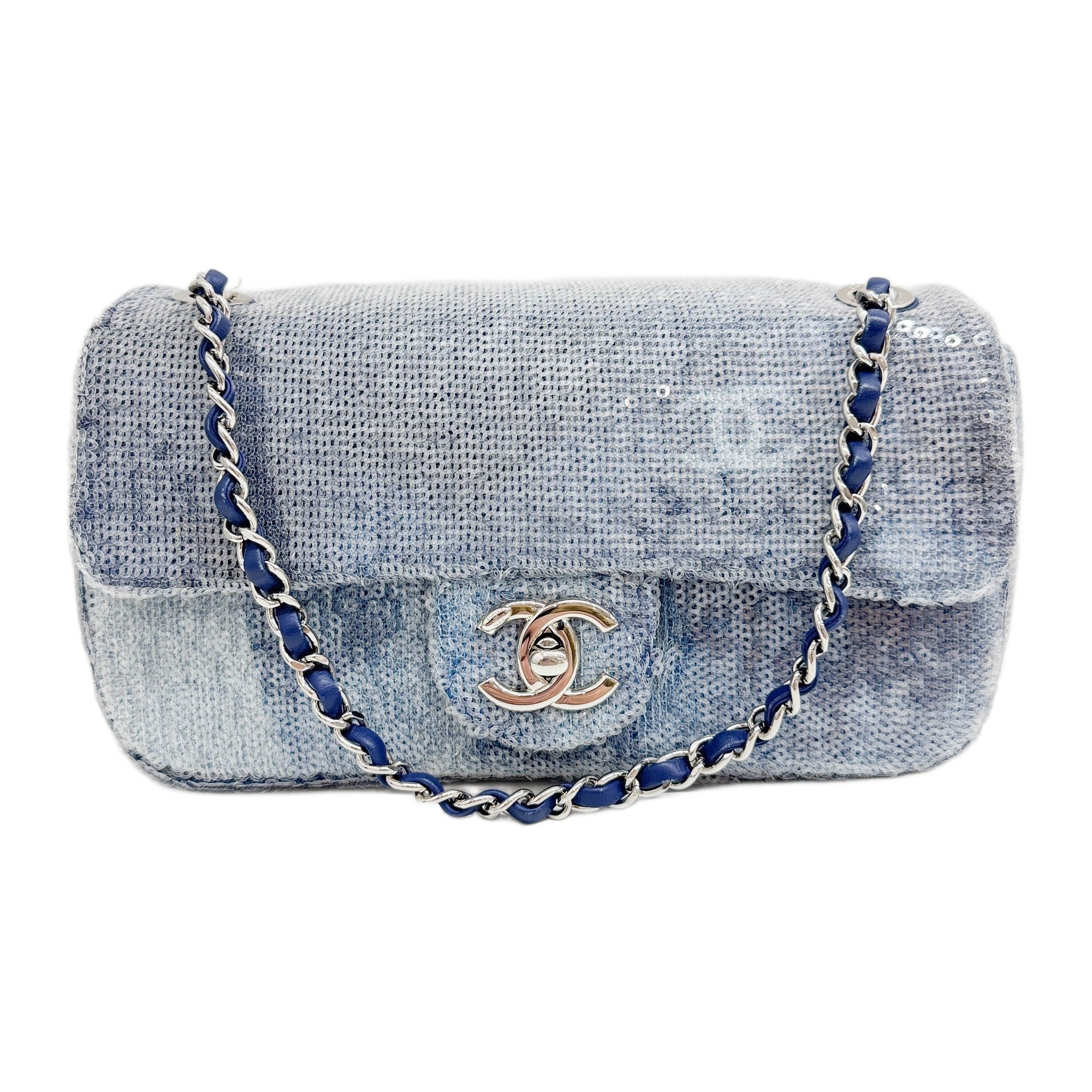 Classic Flap Waterfall Blue Sequin Shoulder Bag