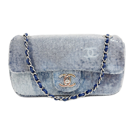 Classic Flap Waterfall Blue Sequin Shoulder Bag