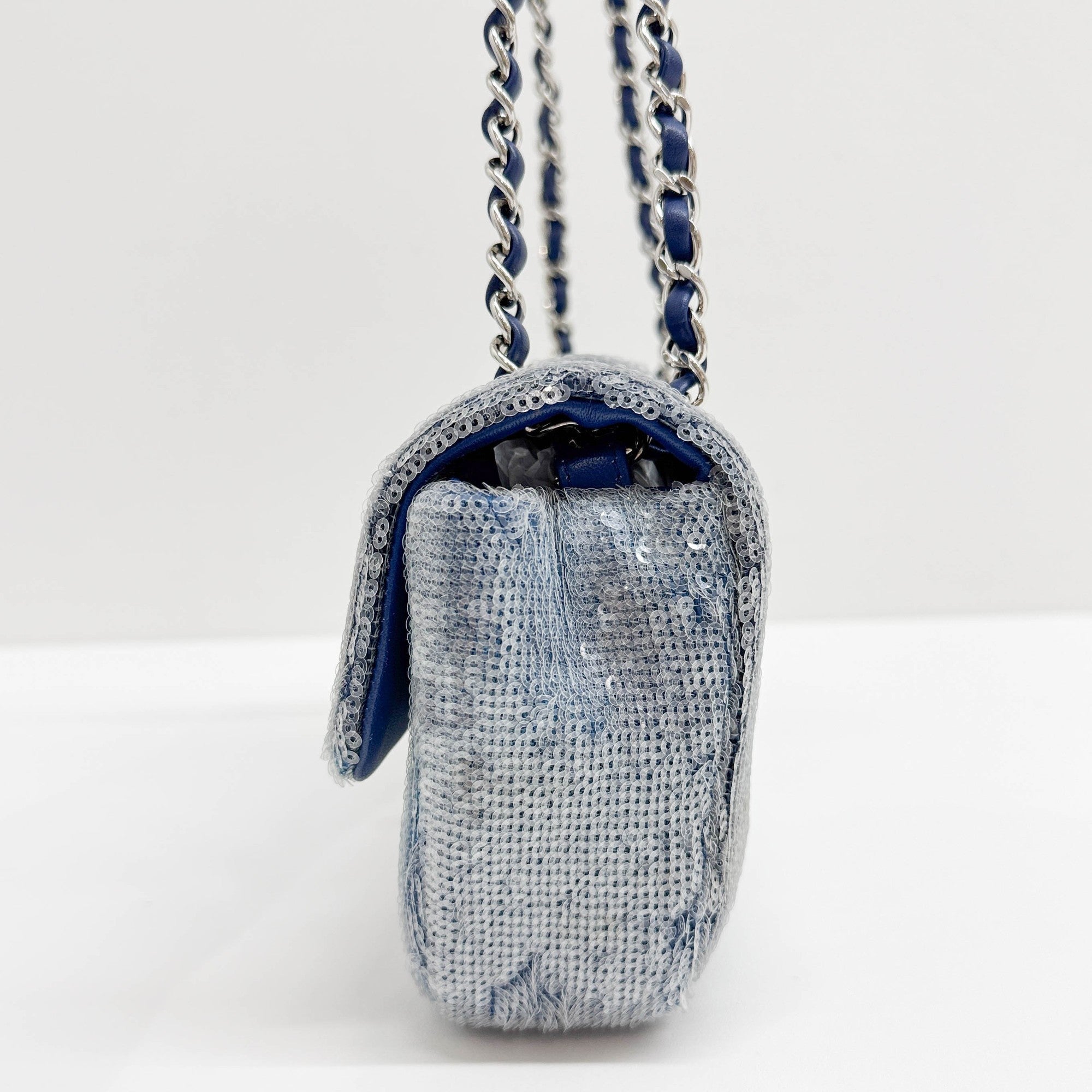 Classic Flap Waterfall Blue Sequin Shoulder Bag