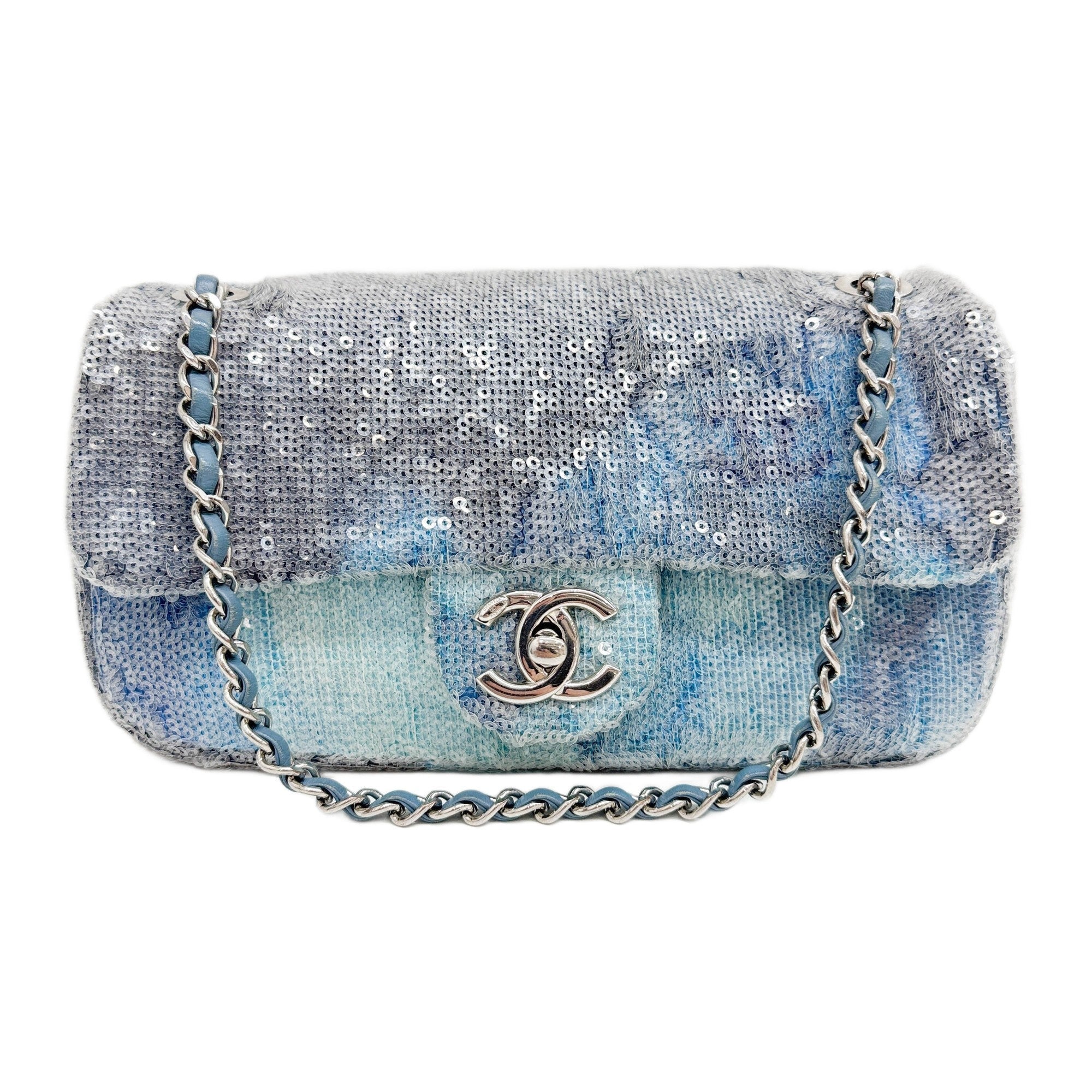 Classic Flap Waterfall Blue Sequin Shoulder Bag