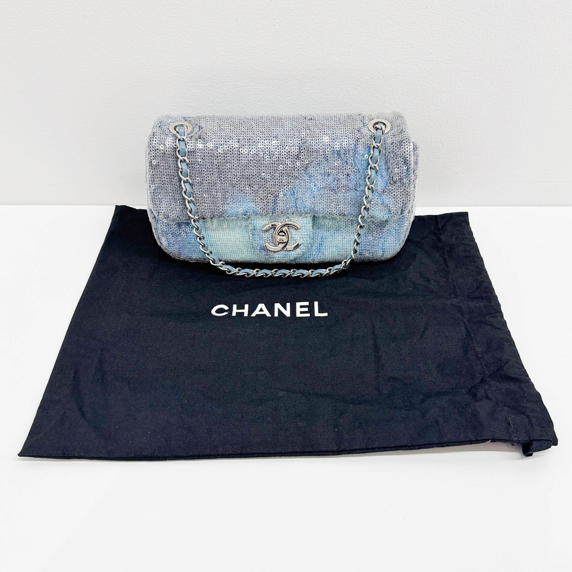 Classic Flap Waterfall Blue Sequin Shoulder Bag
