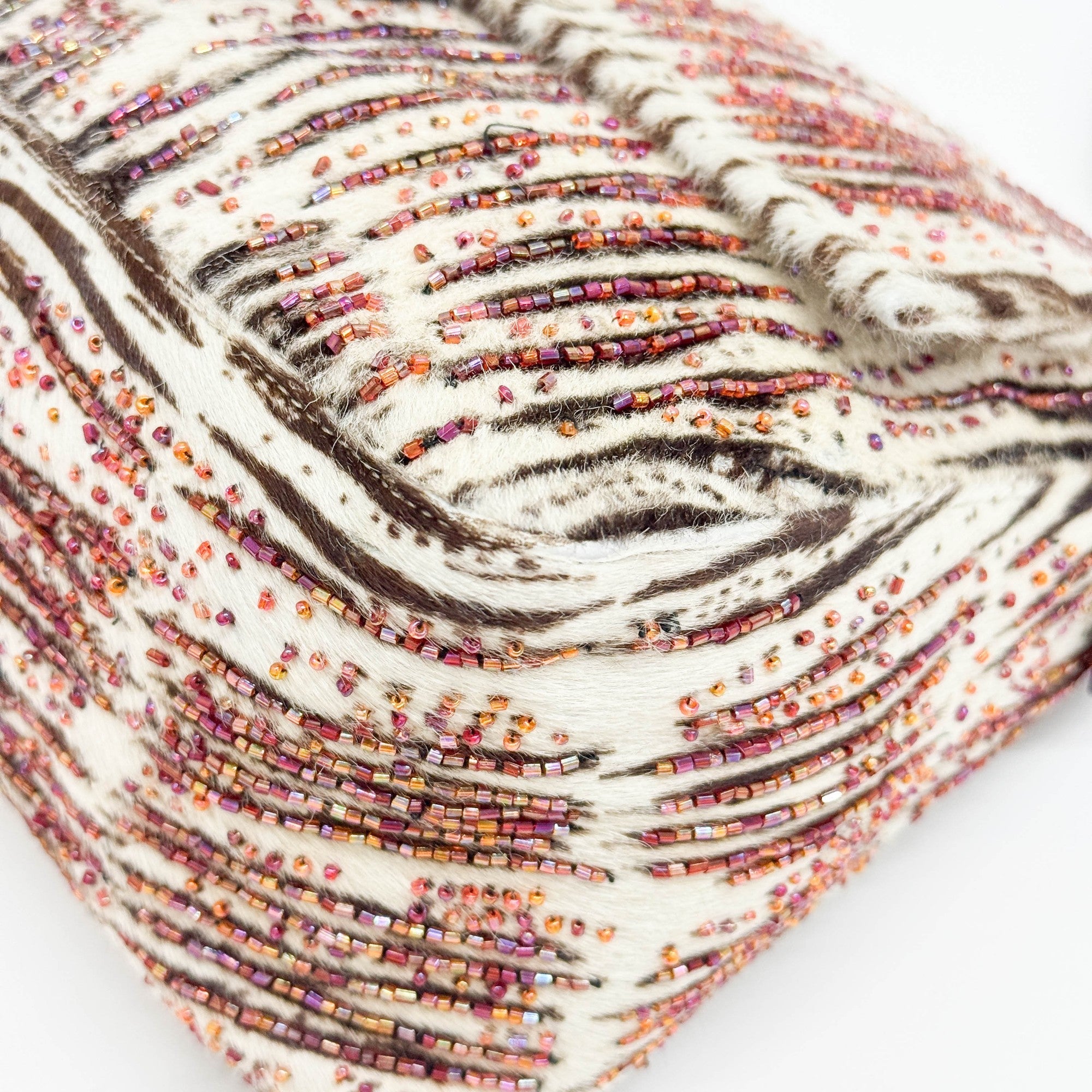 Mamma Baguette Beaded Embroidery White Zebra Print Pony Hair Shoulder Bag