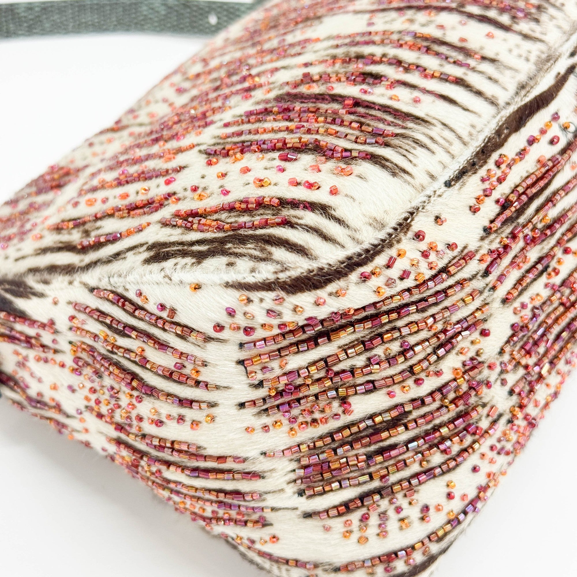 Mamma Baguette Beaded Embroidery White Zebra Print Pony Hair Shoulder Bag