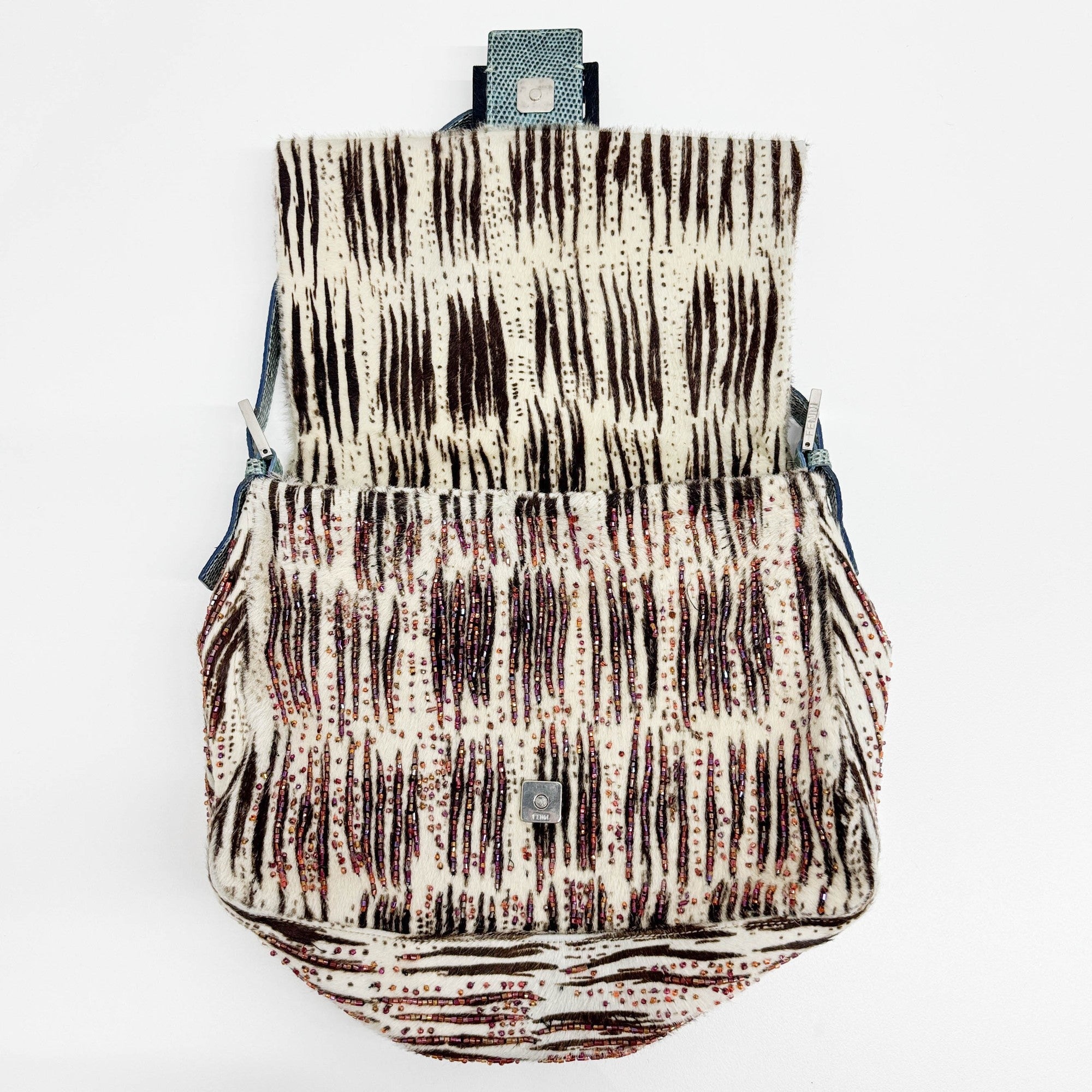 Mamma Baguette Beaded Embroidery White Zebra Print Pony Hair Shoulder Bag