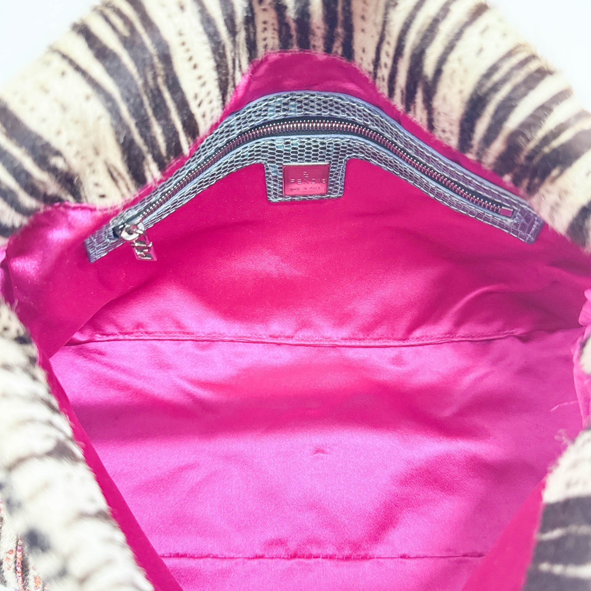 Mamma Baguette Beaded Embroidery White Zebra Print Pony Hair Shoulder Bag