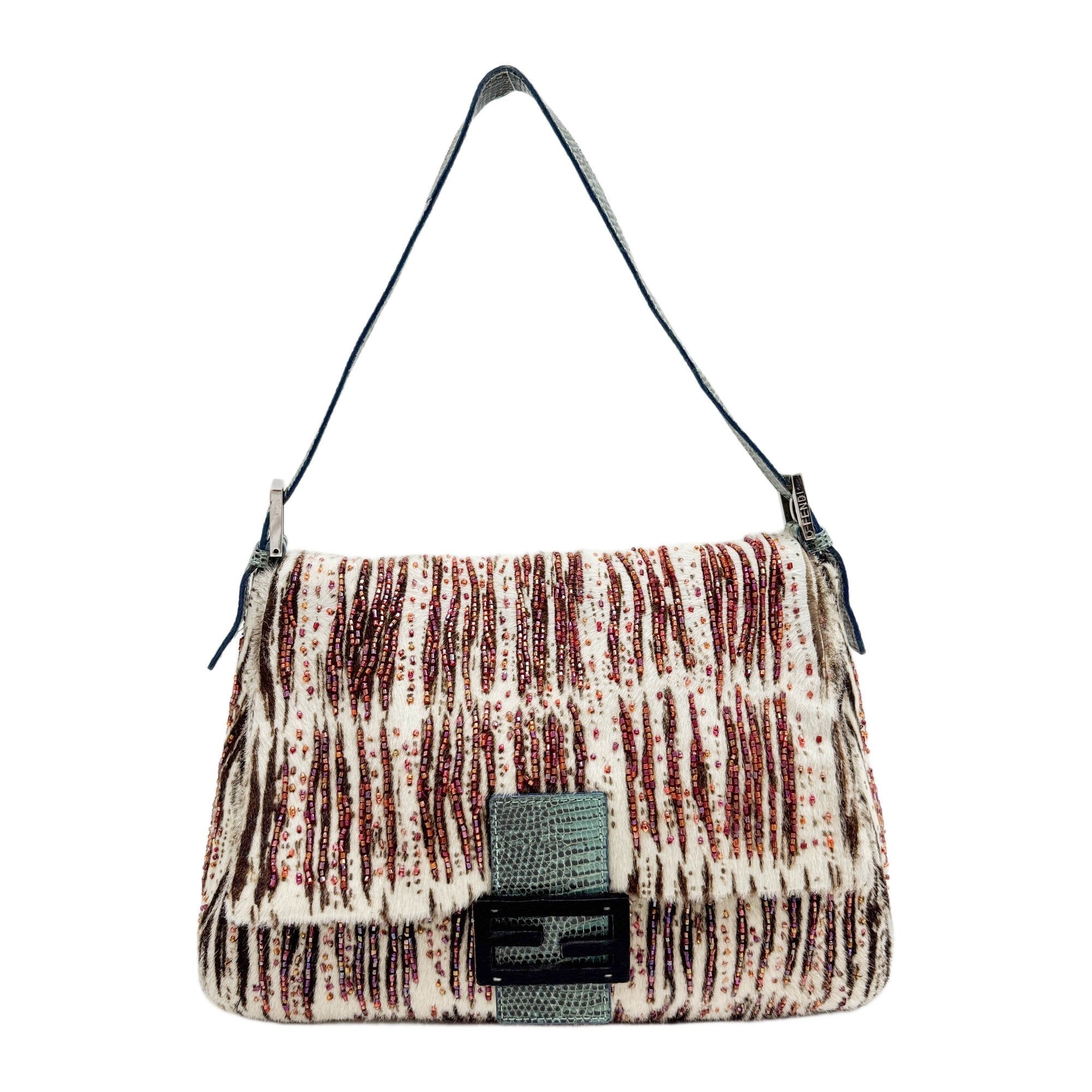 Mamma Baguette Beaded Embroidery White Zebra Print Pony Hair Shoulder Bag