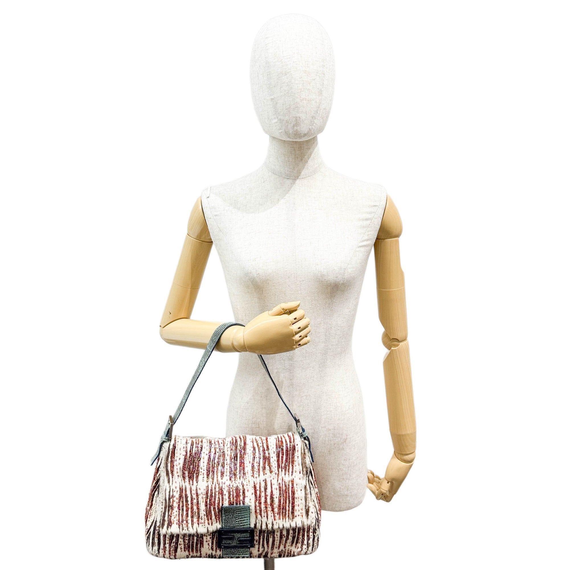 Mamma Baguette Beaded Embroidery White Zebra Print Pony Hair Shoulder Bag