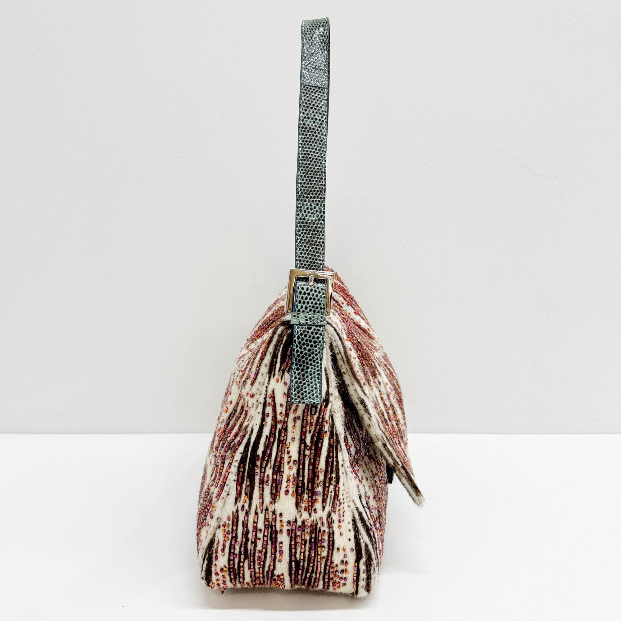 Mamma Baguette Beaded Embroidery White Zebra Print Pony Hair Shoulder Bag