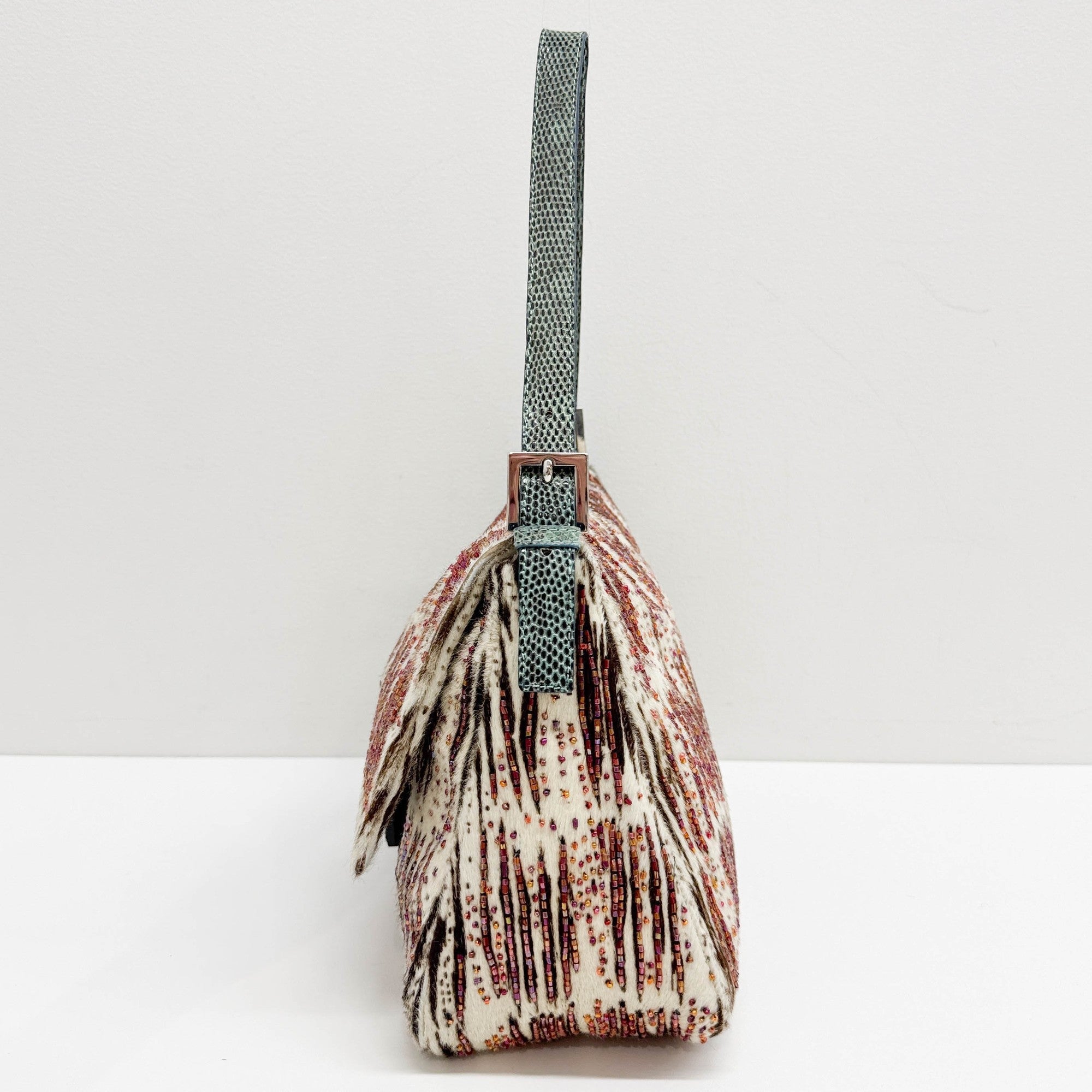 Mamma Baguette Beaded Embroidery White Zebra Print Pony Hair Shoulder Bag