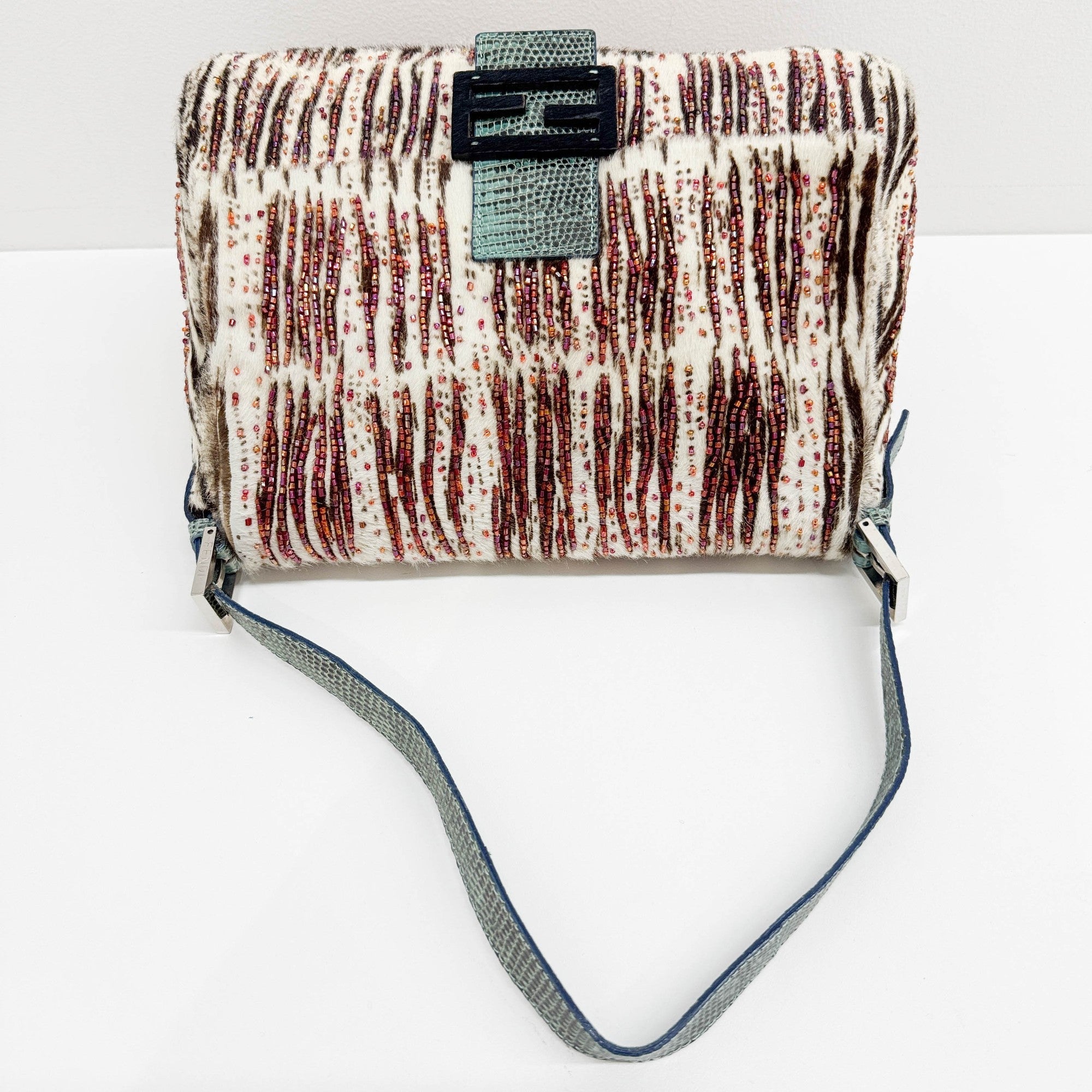 Mamma Baguette Beaded Embroidery White Zebra Print Pony Hair Shoulder Bag