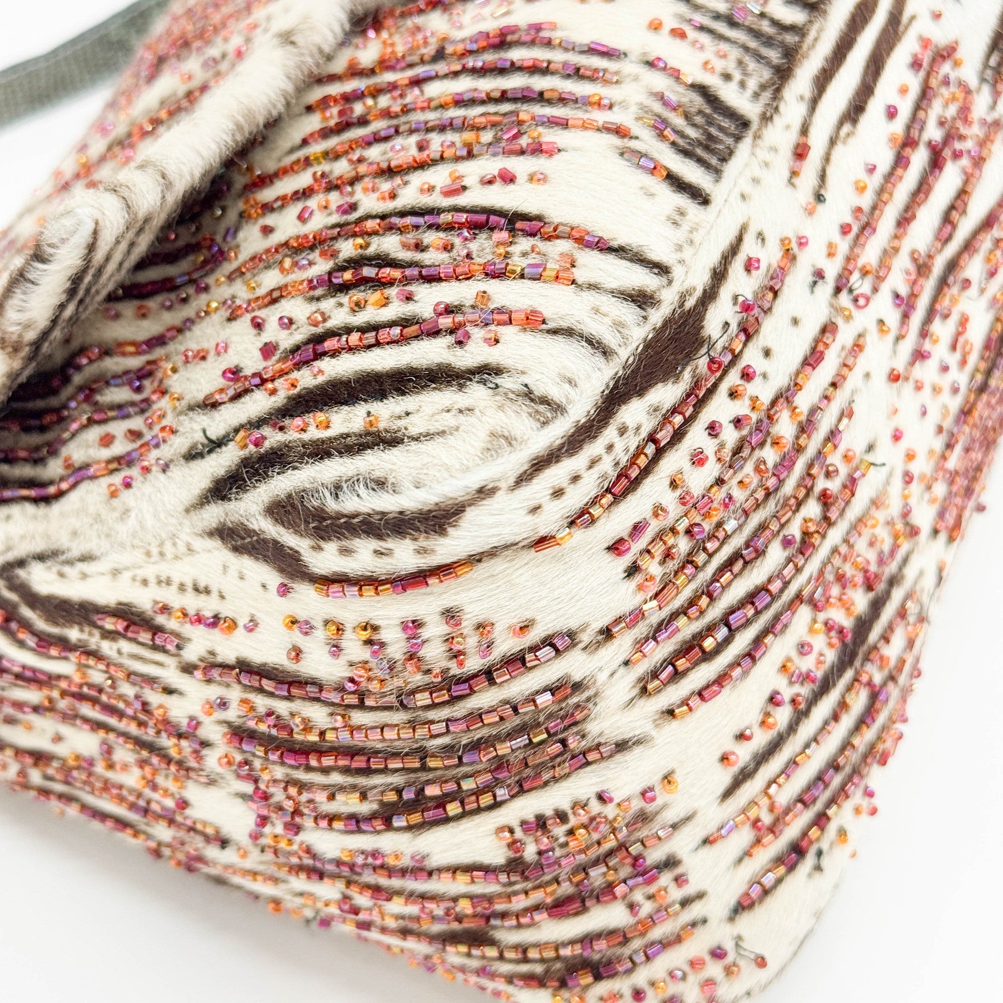 Mamma Baguette Beaded Embroidery White Zebra Print Pony Hair Shoulder Bag