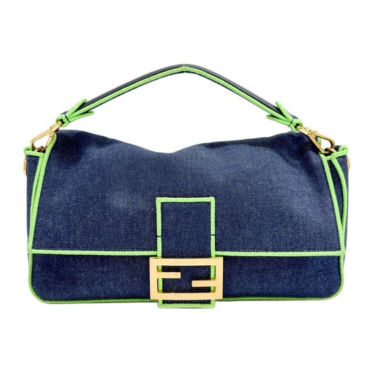 Maxi Baguette Green Trim Navy Denim Two-Way Bag