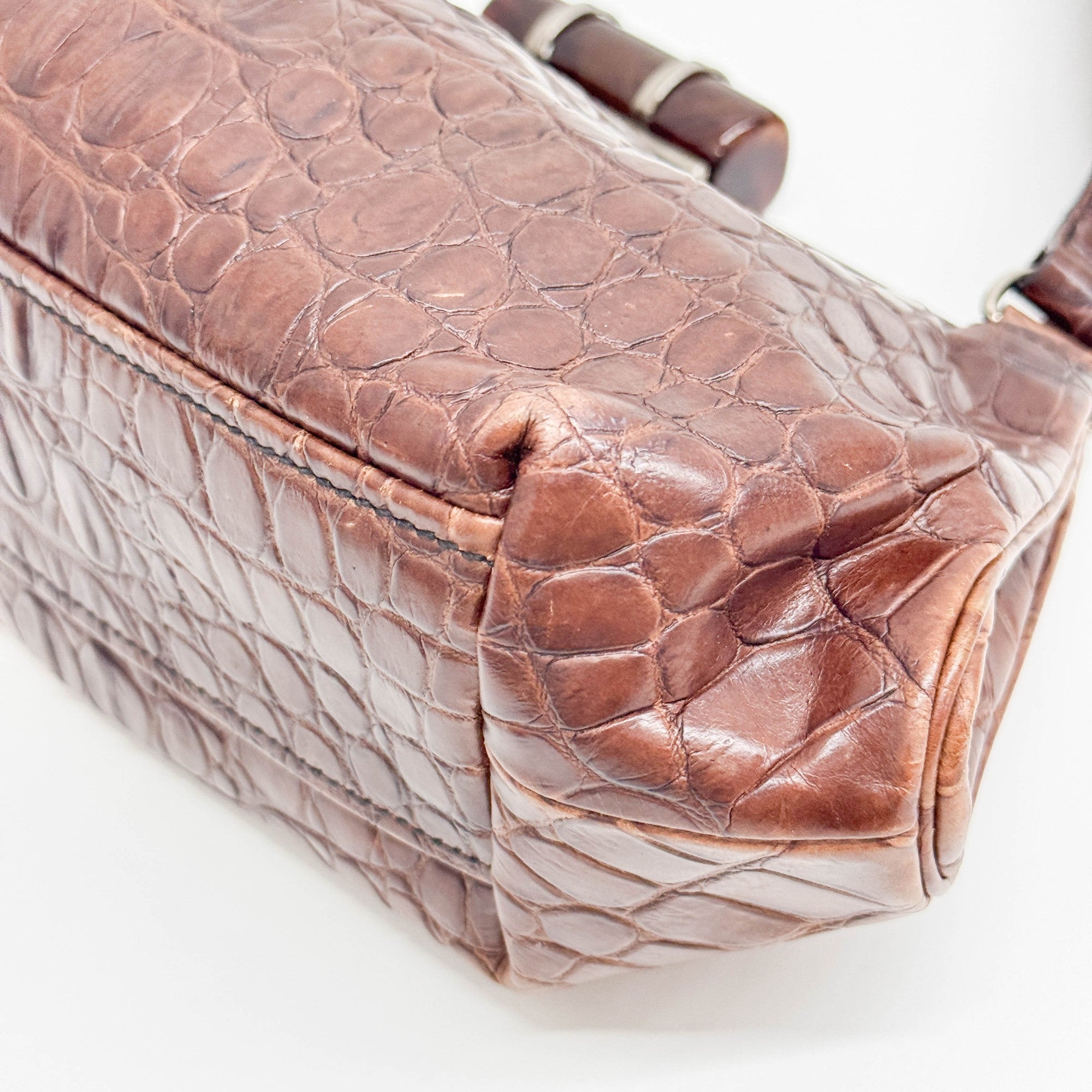 Brown Crocodile Embossed Leather Shoulder Bag