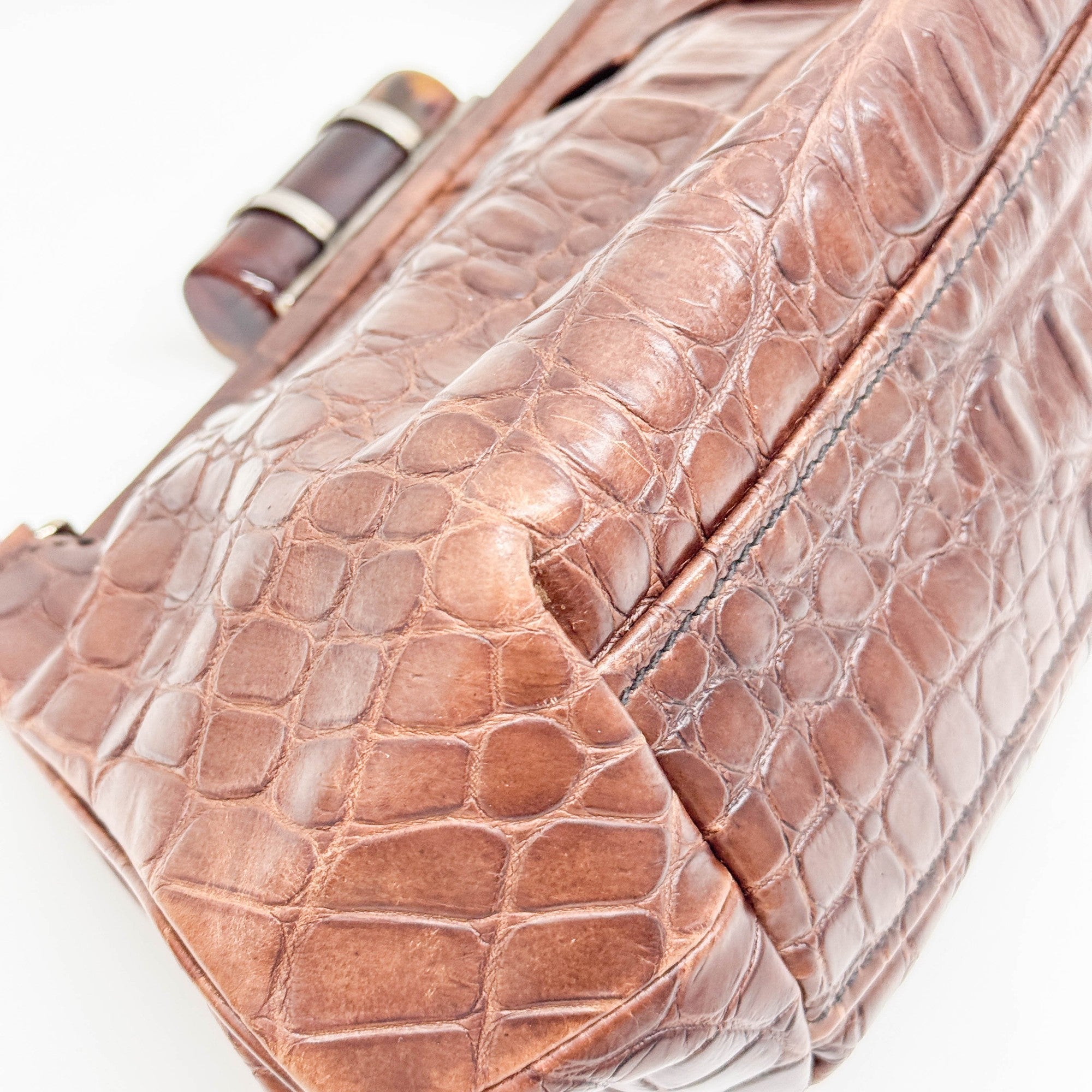Brown Crocodile Embossed Leather Shoulder Bag
