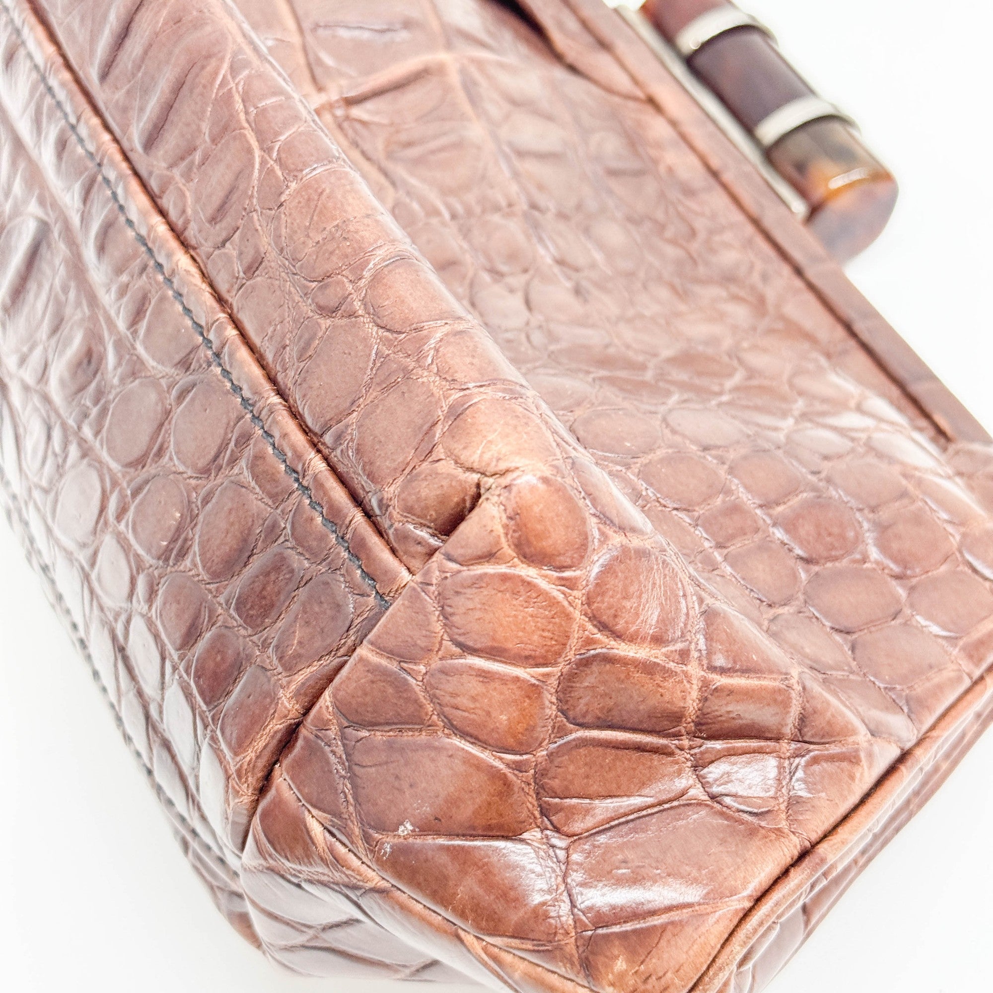 Brown Crocodile Embossed Leather Shoulder Bag