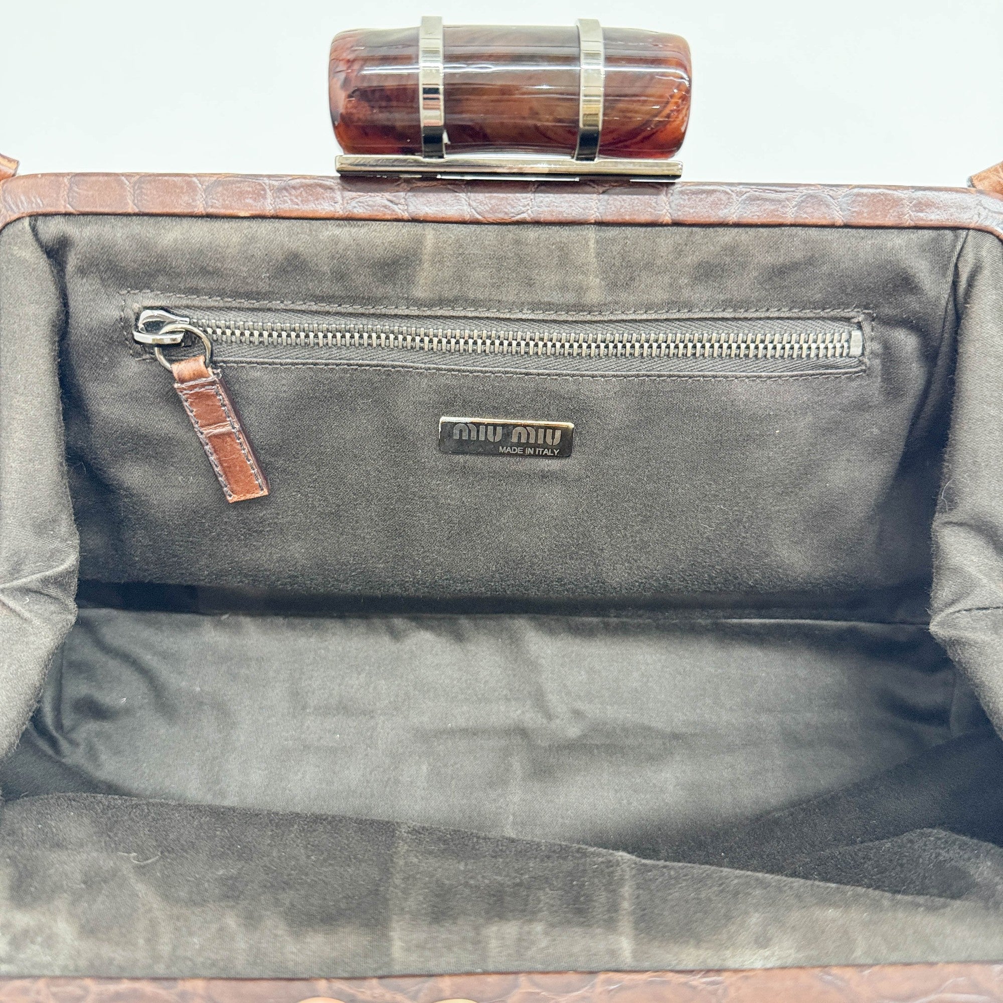 Brown Crocodile Embossed Leather Shoulder Bag