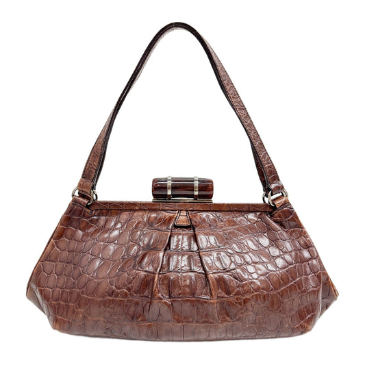 Brown Crocodile Embossed Leather Shoulder Bag