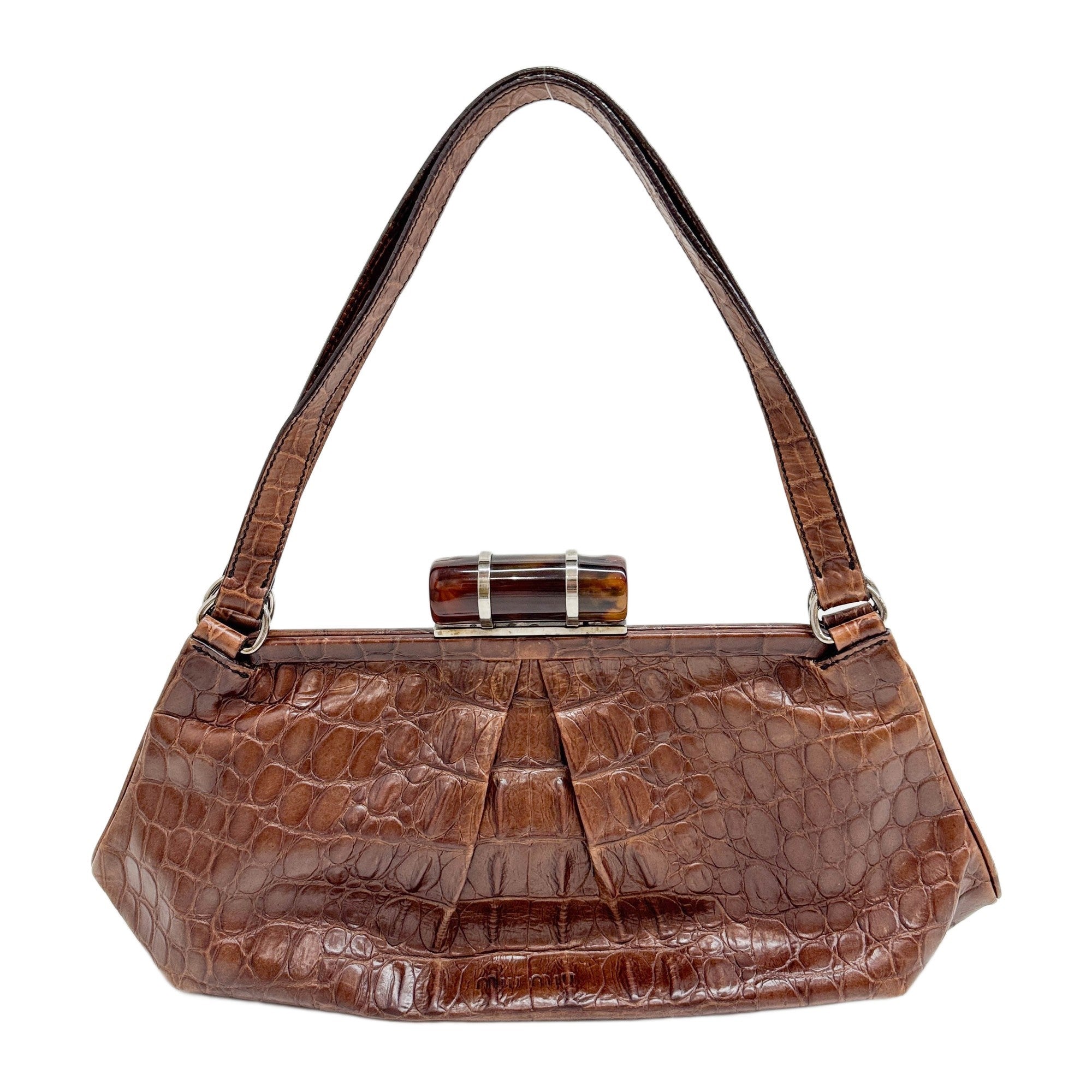 Brown Crocodile Embossed Leather Shoulder Bag