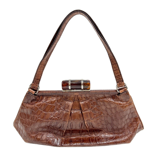 Brown Crocodile Embossed Leather Shoulder Bag