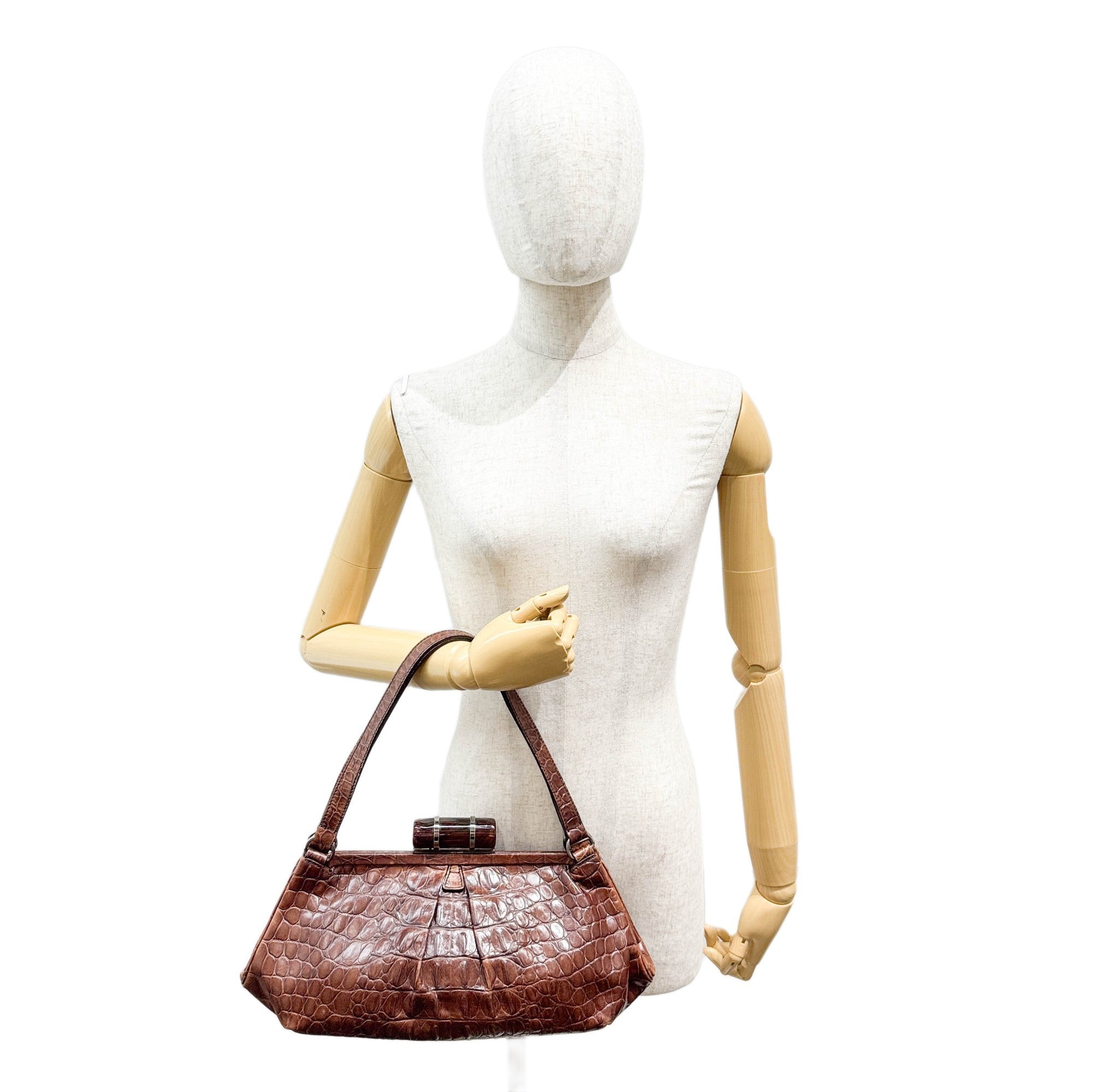 Brown Crocodile Embossed Leather Shoulder Bag