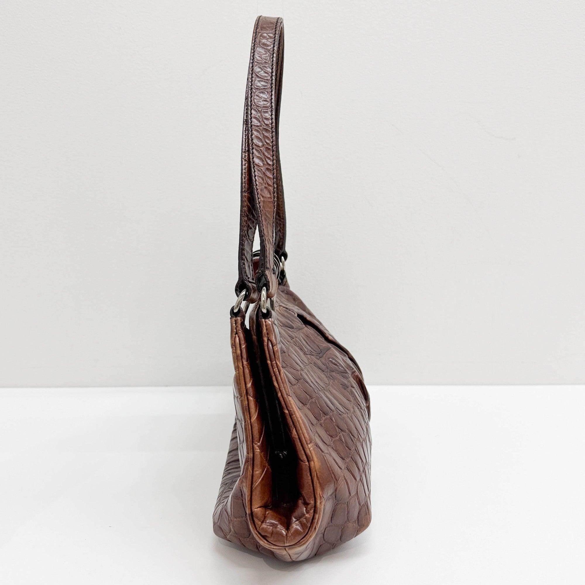 Brown Crocodile Embossed Leather Shoulder Bag