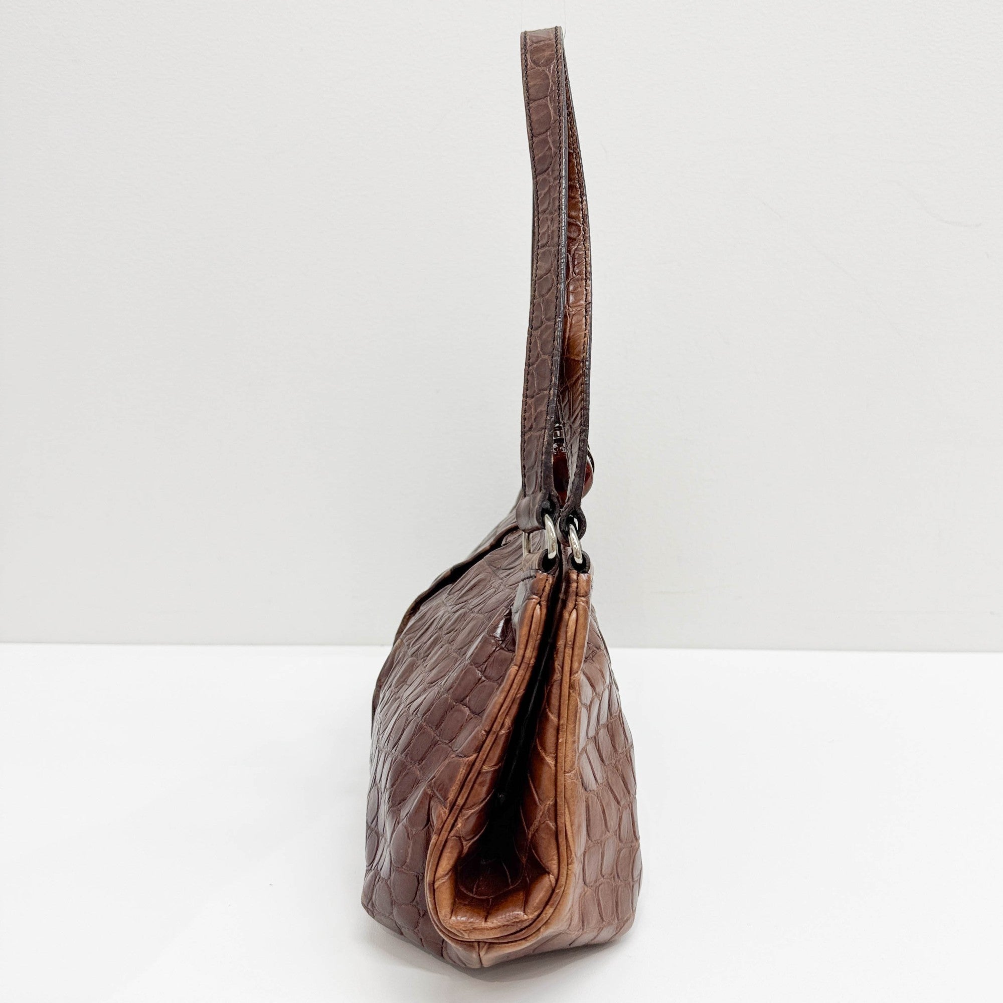 Brown Crocodile Embossed Leather Shoulder Bag
