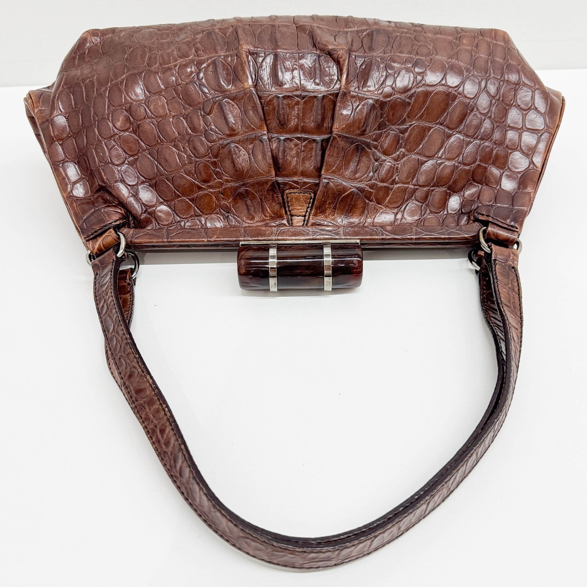 Brown Crocodile Embossed Leather Shoulder Bag