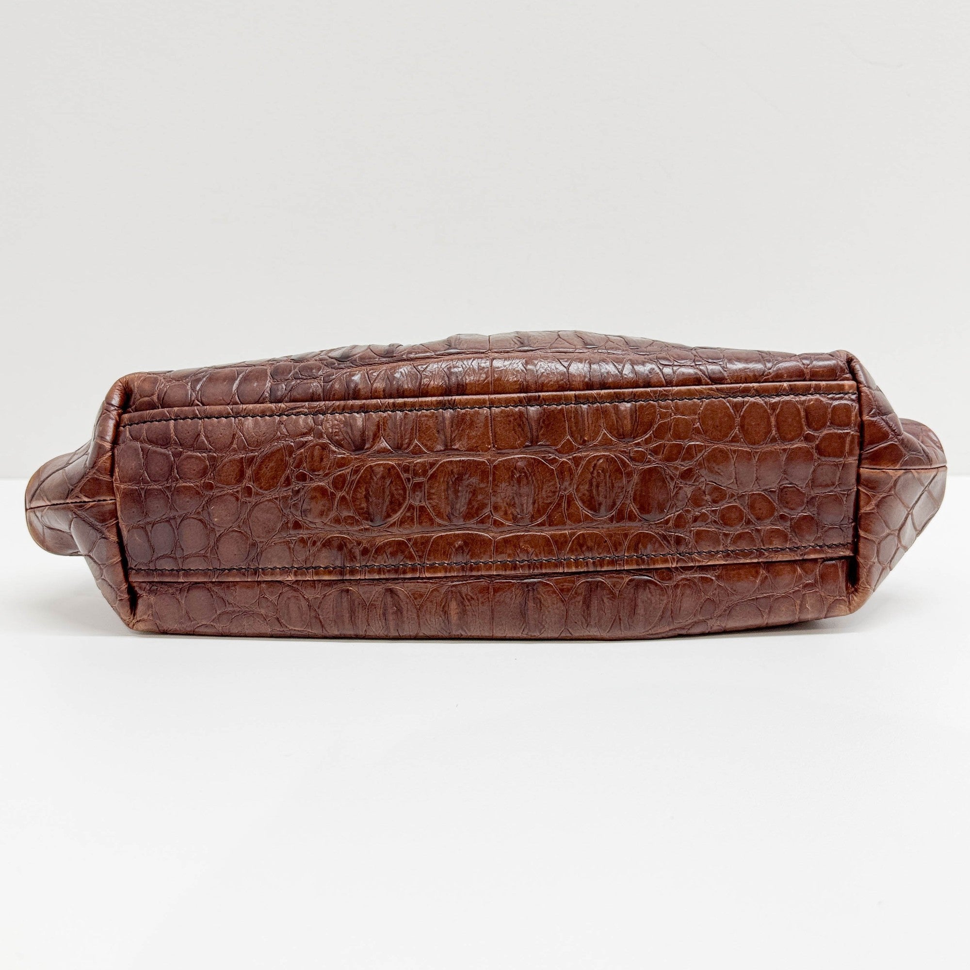 Brown Crocodile Embossed Leather Shoulder Bag