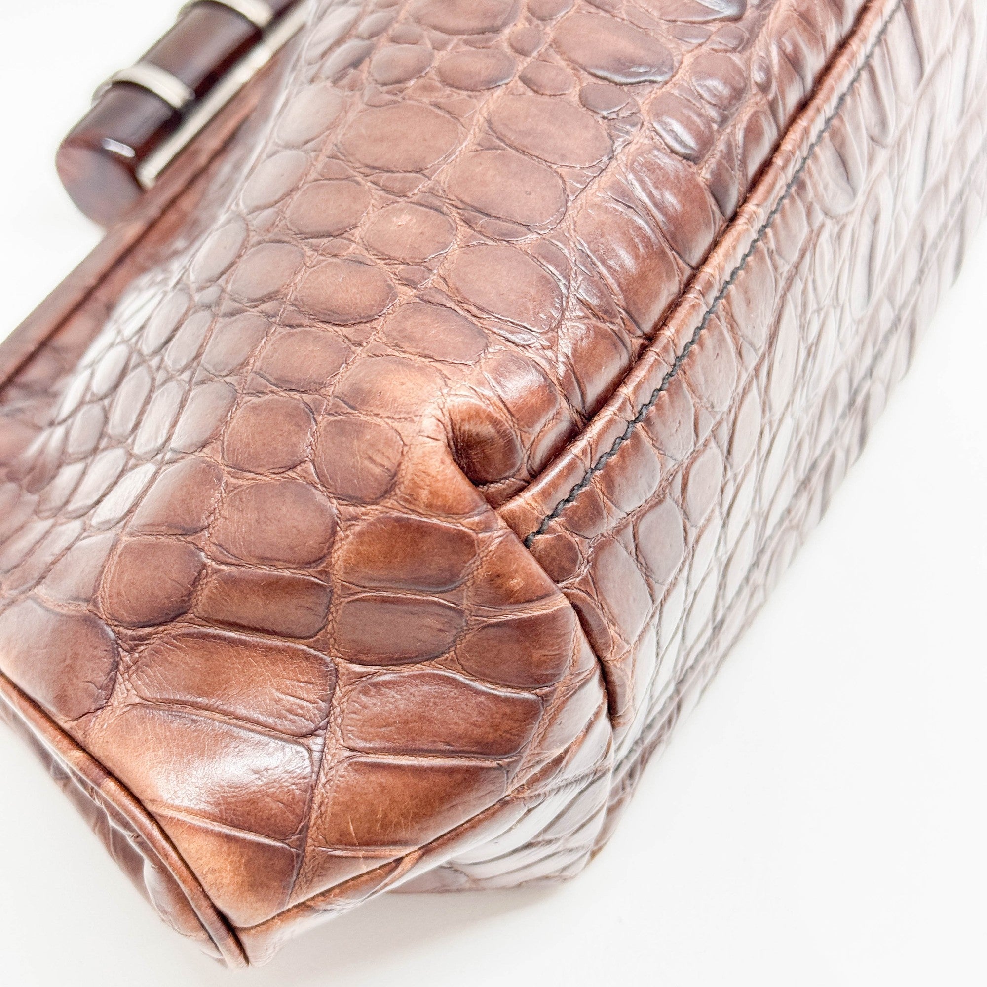 Brown Crocodile Embossed Leather Shoulder Bag