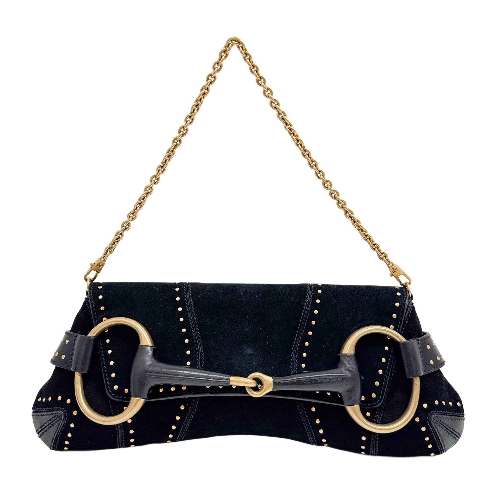 Horsebit Studded Black Suede Shoulder Bag