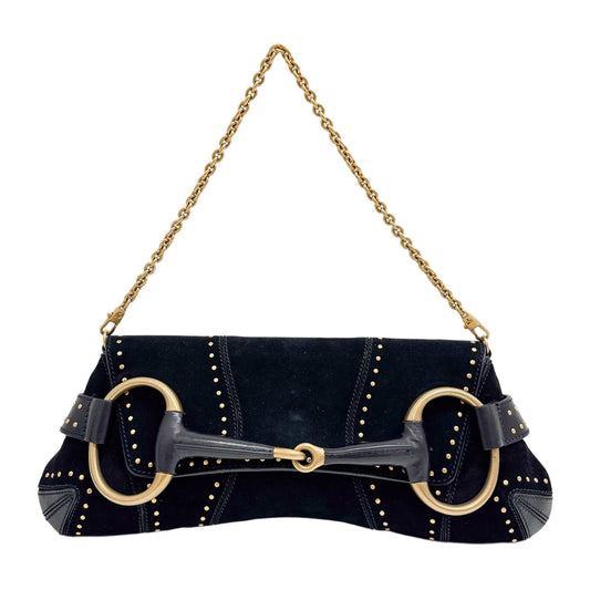 Horsebit Studded Black Suede Shoulder Bag
