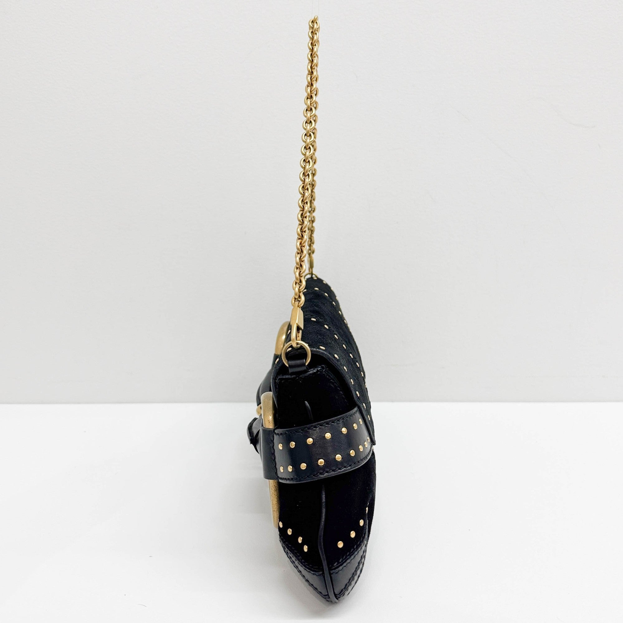 Horsebit Studded Black Suede Shoulder Bag
